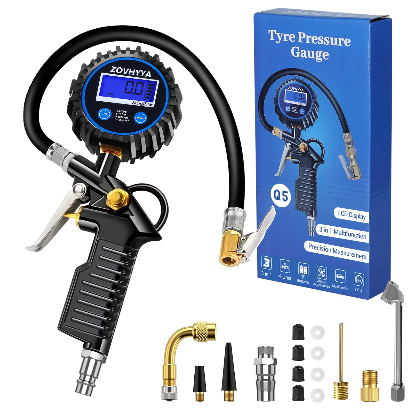 ZOVHYYA Reifenfüller Luftdruckprüfer Reifendruckprüfer 220PSI Reifendruckmesser LCD Vier Messeinheiten Reifendruckmesse 22 Zubehör geeignet für Fahrzeug Basketball Schwimmrunde