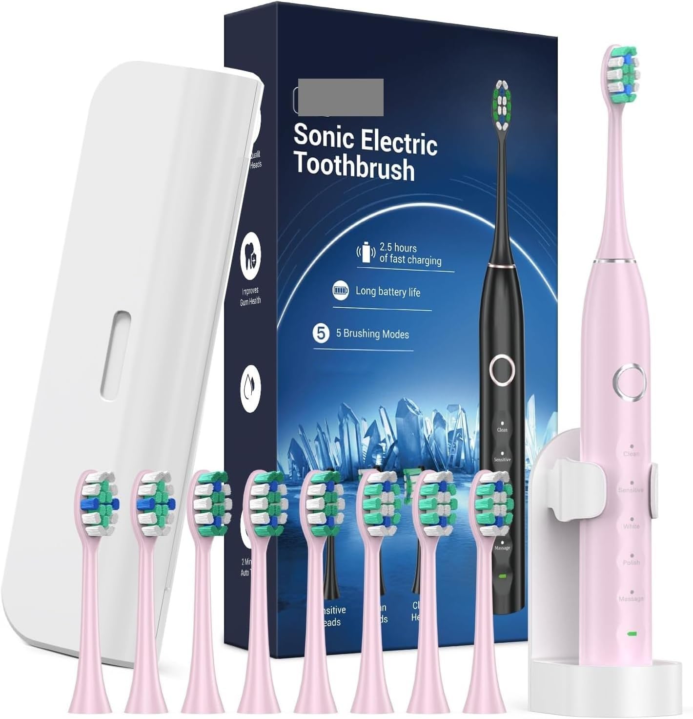 Fit for Electric Toothbrush for Adults and Kids 12+, 8 Brush Heads, IPX7 Travel Toothbrush with Case