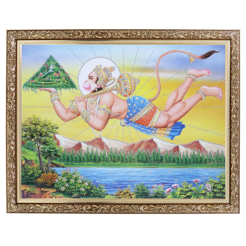 Hanumanji avec Pahaad en cadre cuivre doré : art Silver Zari 35,6x45,7 cm