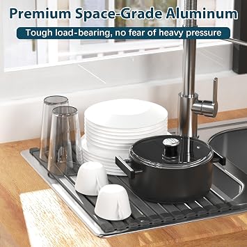 KABUM 17.72x11.81 Heavy-Duty Aluminum Alloy Roll Up Dish Drying Rack