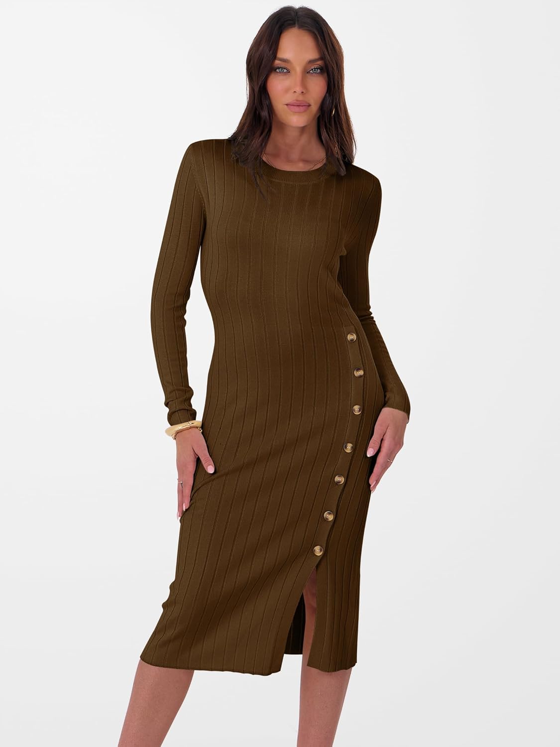 ANRABESS Womens 2025 Fall Long Sleeve Midi Dress Ribbed Knit Bodycon Fitted Button Down Wedding Guest Slit Sweater Dresses - Image 2