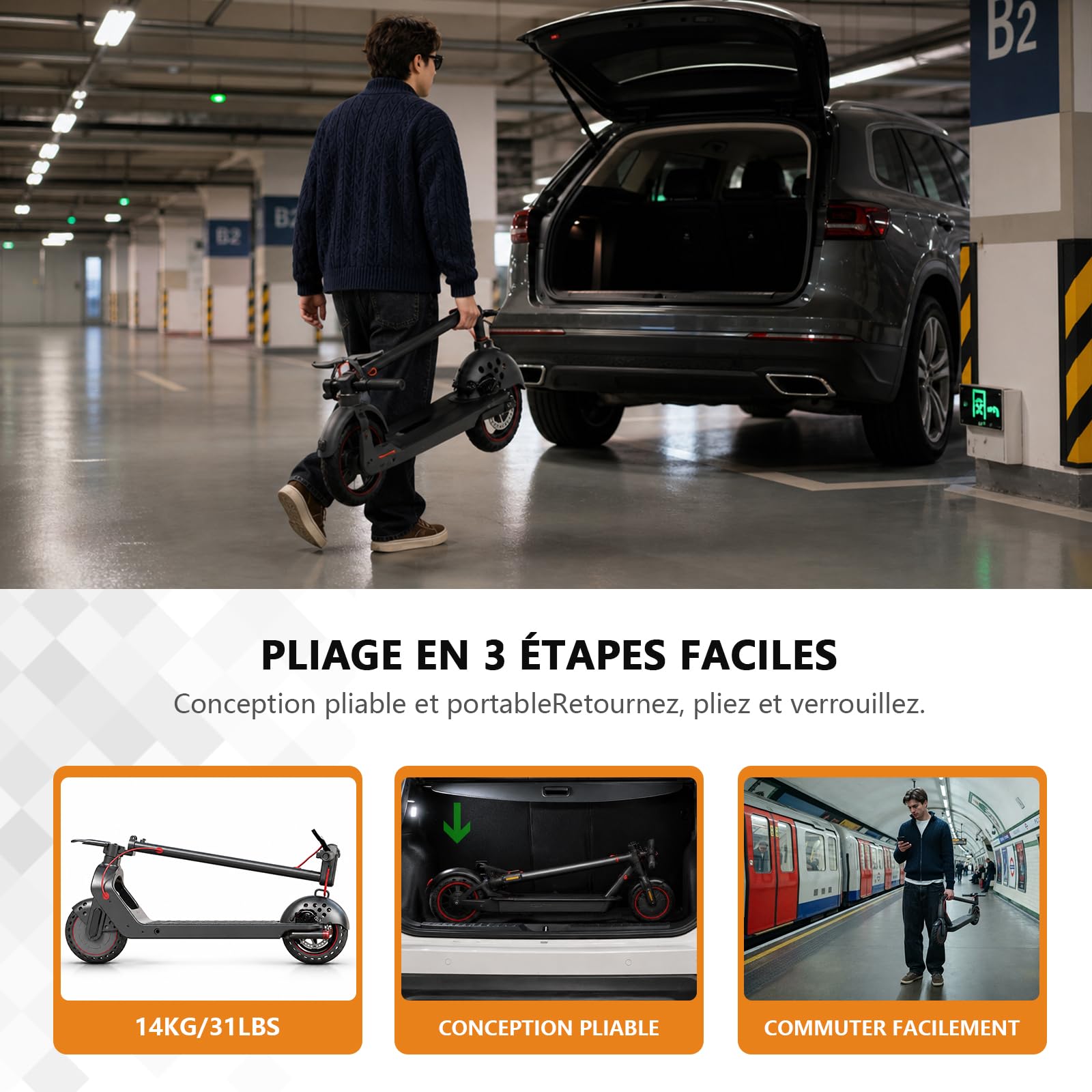 Trotinette Électrique 500W Adultes Ados, 25 km/h, Autonomie 35 km, Pneus Pleins, Double Frein, Pliable 14 kg, Charge 136 kg, Batterie 36V 7.8Ah, Application