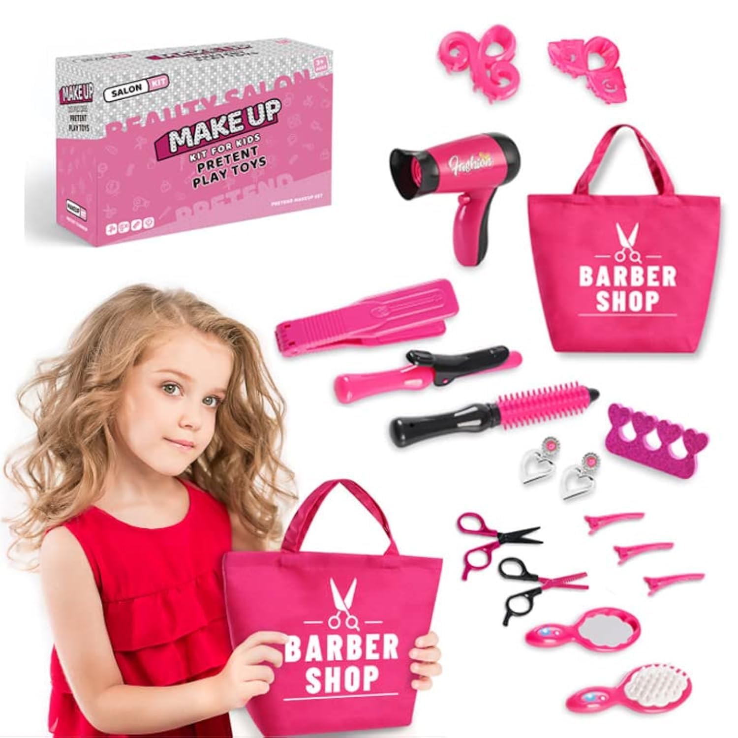 B&K Kids hair Salon Set,Little Girls Pretend Makeup Set with Dryer Hair Curler and Beauty Accessories,Dressing Up Toy Beauty Salon Playset,Pretend Play Cosmetic for Boys and Girls