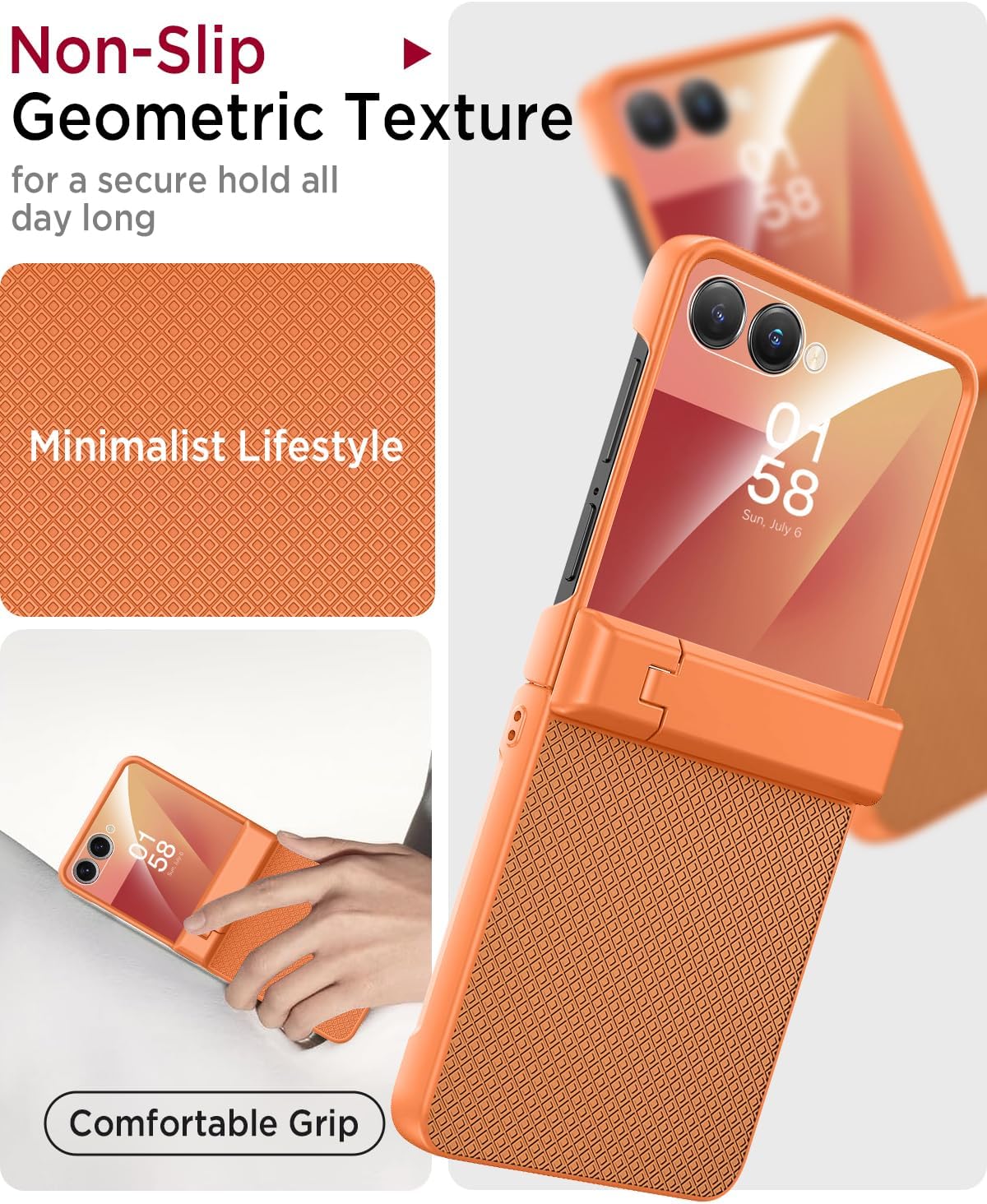 Miimall Kickstand Case for Samsung Galaxy Z Flip 7 with Built-in Screen Protector & Hinge Protection, Hard PC Rugged Shock Proof Lightweight 360 All-Inclusive Phone Cover for ZFlip 7 5G Case Orange