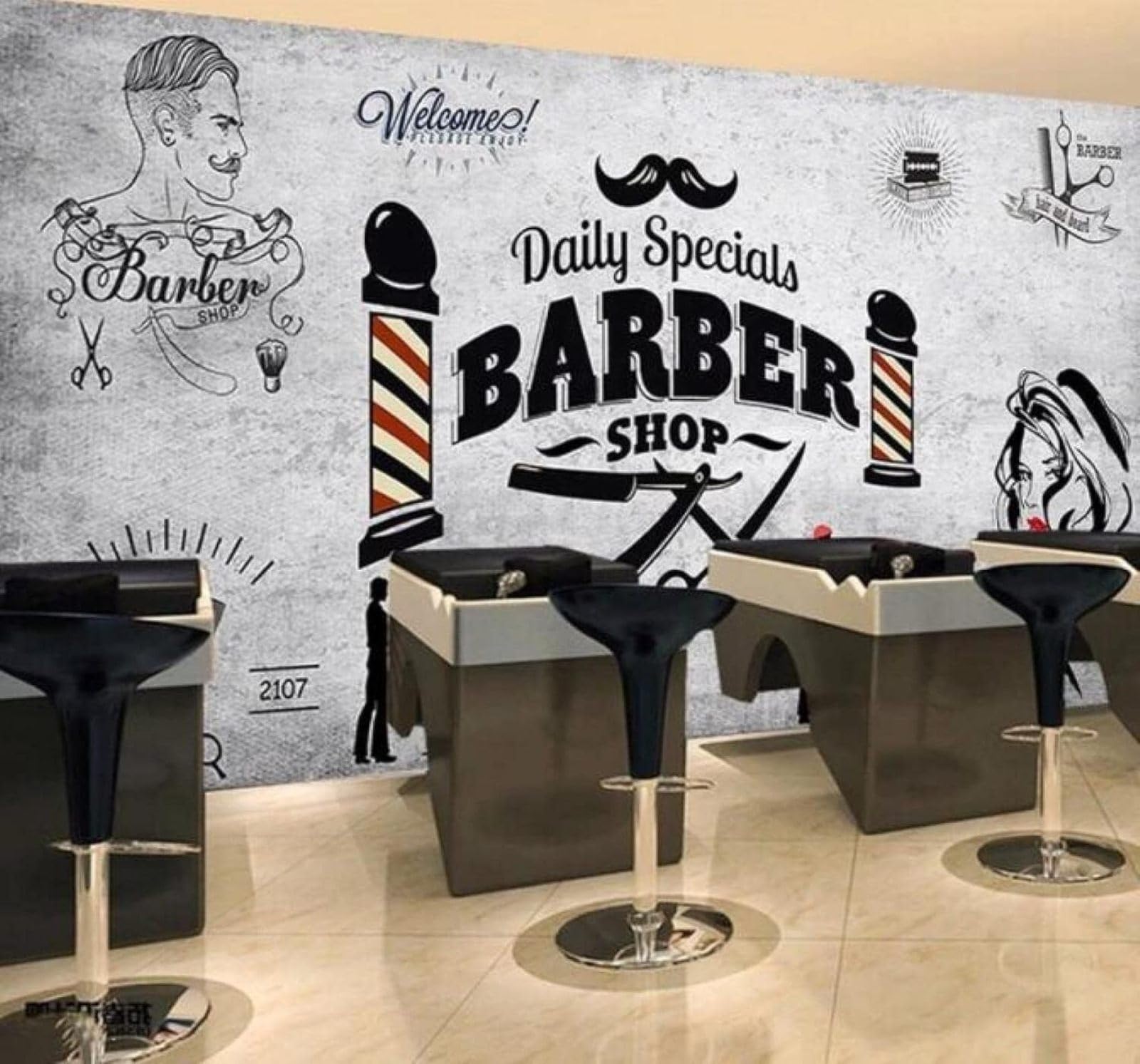 Xlming 300Cm×210Cm(B×H) Retro Concrete Wall People Barber Shop Poster 3D Wallpaper Luxury Home Dining Decor Paste Sofa Living Room The Wall For Bedroom Mural-300Cm×210Cm