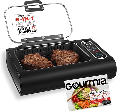 Gourmia Parrilla de interior sin humo y freidora de aire con libro de recetas, parrilla eléctrica para uso en interiores, cocina de encimera 5 en 1,