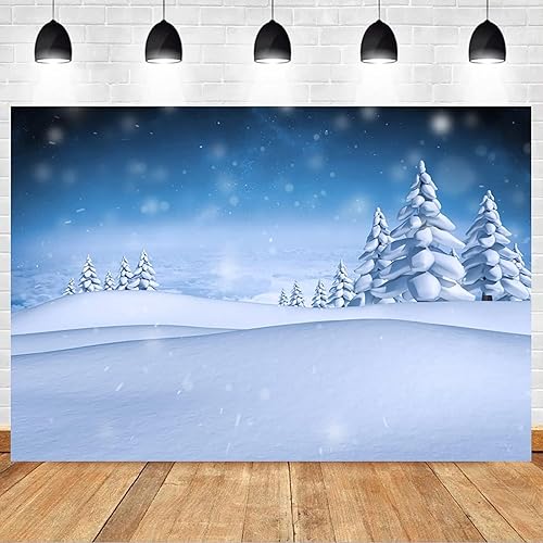 Miniatura 3 de Renaiss Telón de fondo de fotografía de paisaje de campo de nieve de invierno de 12 x 8 pies, fondo de nieve azul con copo de nieve borroso, escena