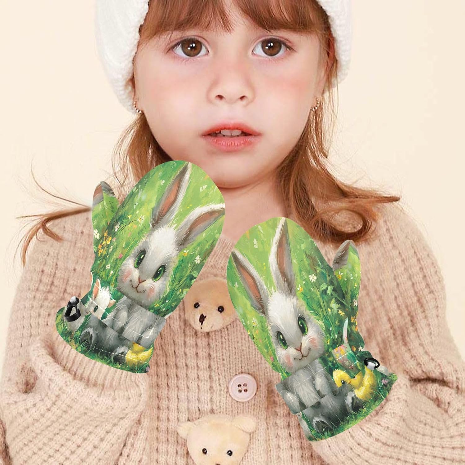 Rabbits Green Easter Toddler Mittens Infant Warm Mittens Fleece Lined Kids Snow Gloves for Baby Boys S
