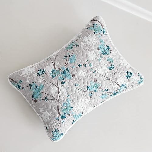 Miniatura 5 de Flysheep Juego de edredón botánico tamaño matrimonial Queen de 3 piezas, color gris y aguamarina, elegante juego de ropa de cama de verano con