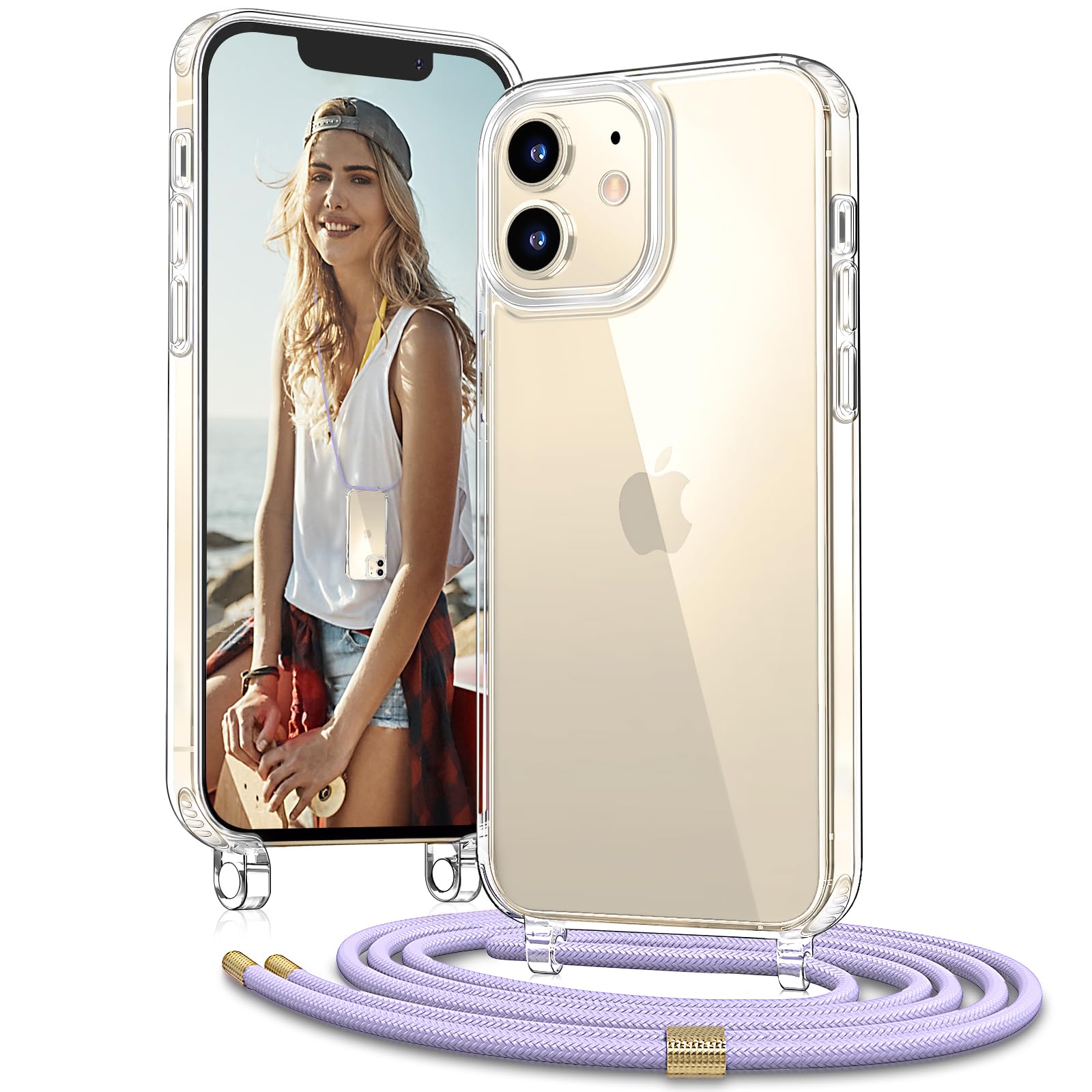 Vaykwo Handykette für Apple iPhone 12 Hülle mit Band und iPhone 12 Pro Hülle mit Band - Necklace Handyhülle - Transparente Case zum Umhängen mit Kameraschutz und Bildschirmschutz - Rosa