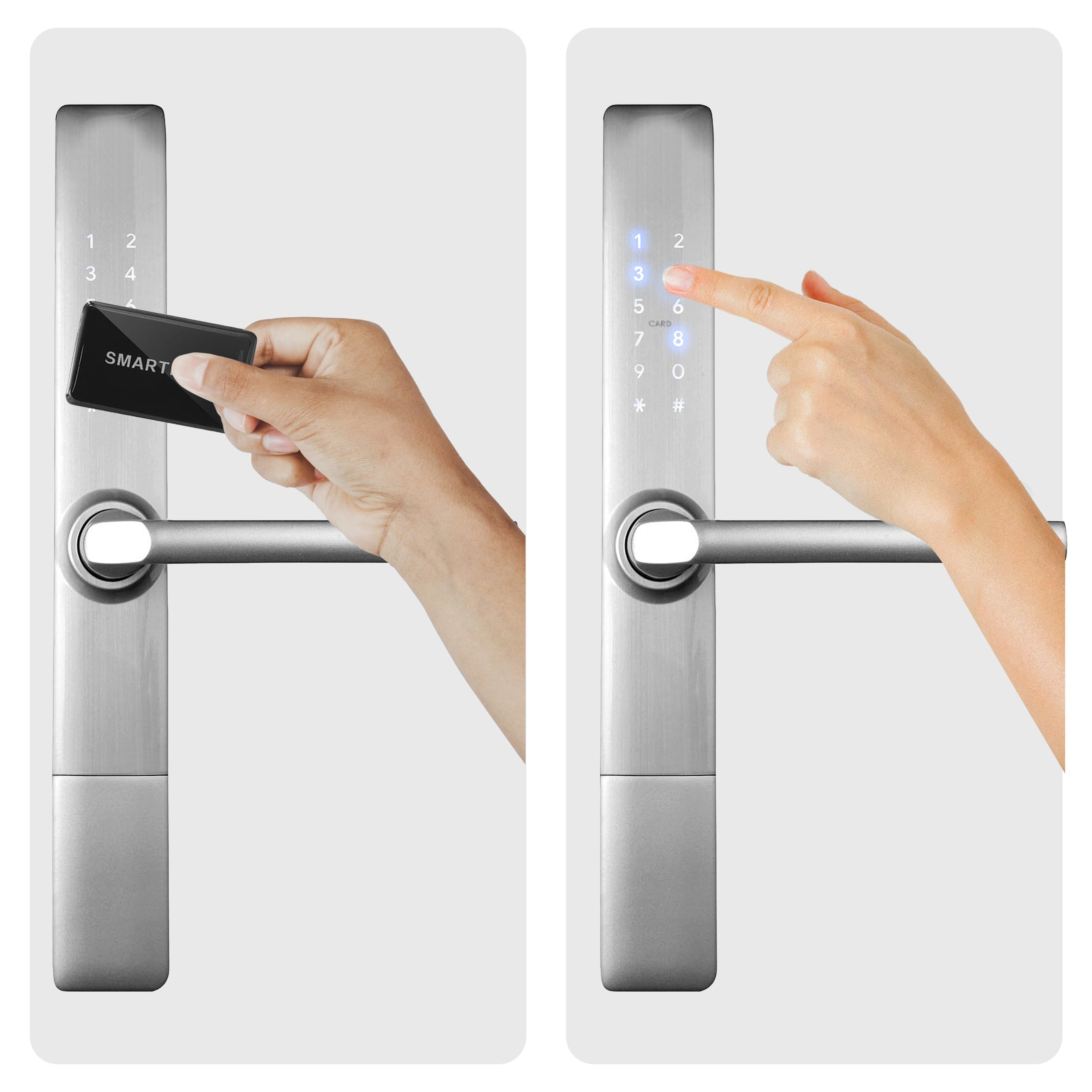 EURA ELH-71H4 Cerradura de puerta inteligente delgada con manija Cerradura combinada de 13,56 MHz Lector de proximidad IP65 Espaciado universal entre pernos más plata