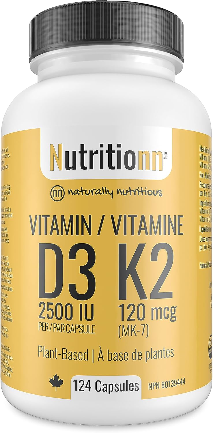 Vitamin D3 K2 Supplement - 2500 IU D3, 120 mcg K2 MK7 x 124 Capsules - Plant-Based, Vegan - Prevents Deficiency, Supports Bone Health in Women and Men - Made in Canada, Third-Party Tested - Nutritionn