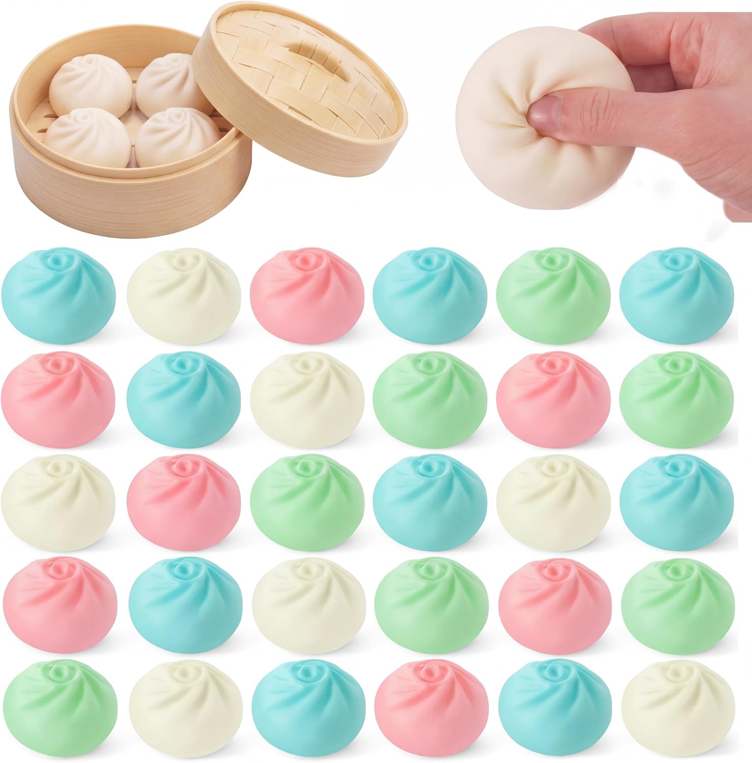 24 Pcs Dumpling Stress Balls Bulk 2.4 Inch Dumpling Fidget Toy Dough Stress Relief Bun Squeeze Toy with Storage Bag for Birthday Party Favors School Carnival Reward Gift