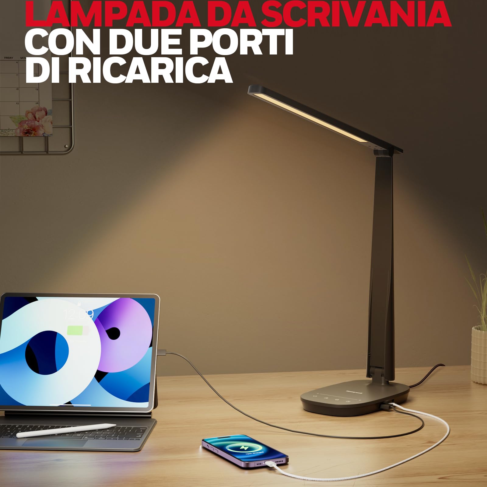 Honeywell HWT-H2 Lampada da Scrivania LED, Luce a Spettro Completo CRI94, Lampada da Tavolo Dimmerabile con Porte USB-A e USB-C, Controllo Touch, Lampada Pieghevole per Ufficio, Lettura e Studio, Nero