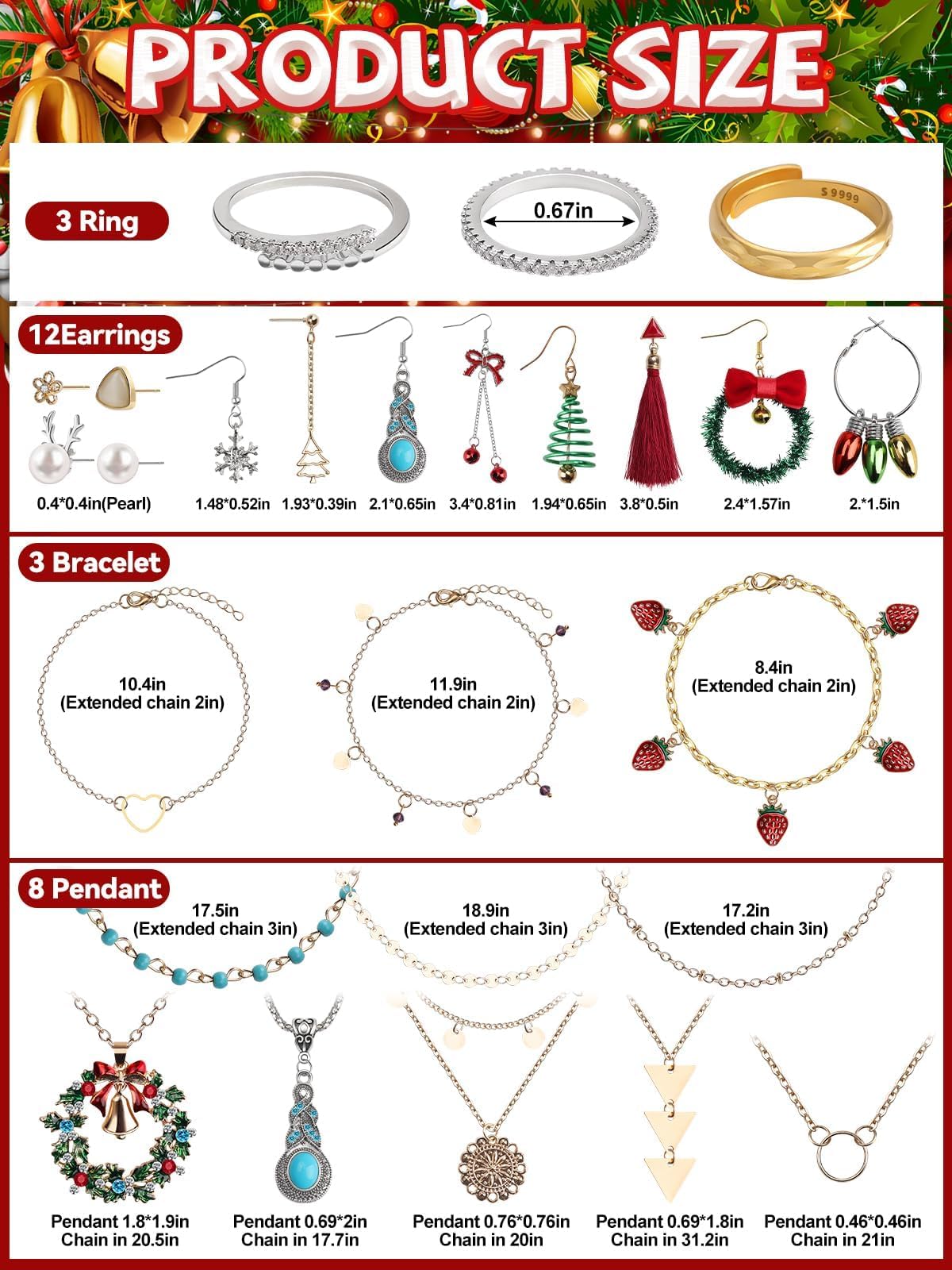 Kalolary Jewelry Advent Calender für Frauen, Weihnachtsmode -Armbänder, Halsketten, Ringe und Ohrringe, 24 Tage Urlaub Countdown Weihnachtsgeschenke für Frau, Mutter, Tochter und erwachsene Mädchen