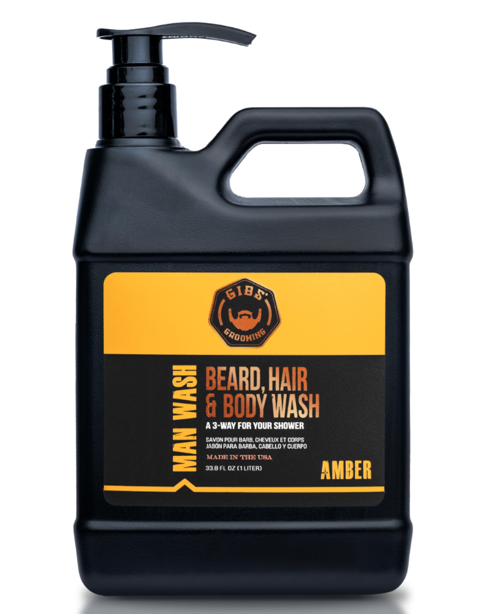 GIBS Grooming - Man Wash 3-in-1 Beard, Hair, Body Soap - Citrus, Oak, Basil Scent - Sulfate Free - Tea Tree Oil, Hemp Oil, Protein - Mens Body Wash & Mens Shampoo - Made in USA
