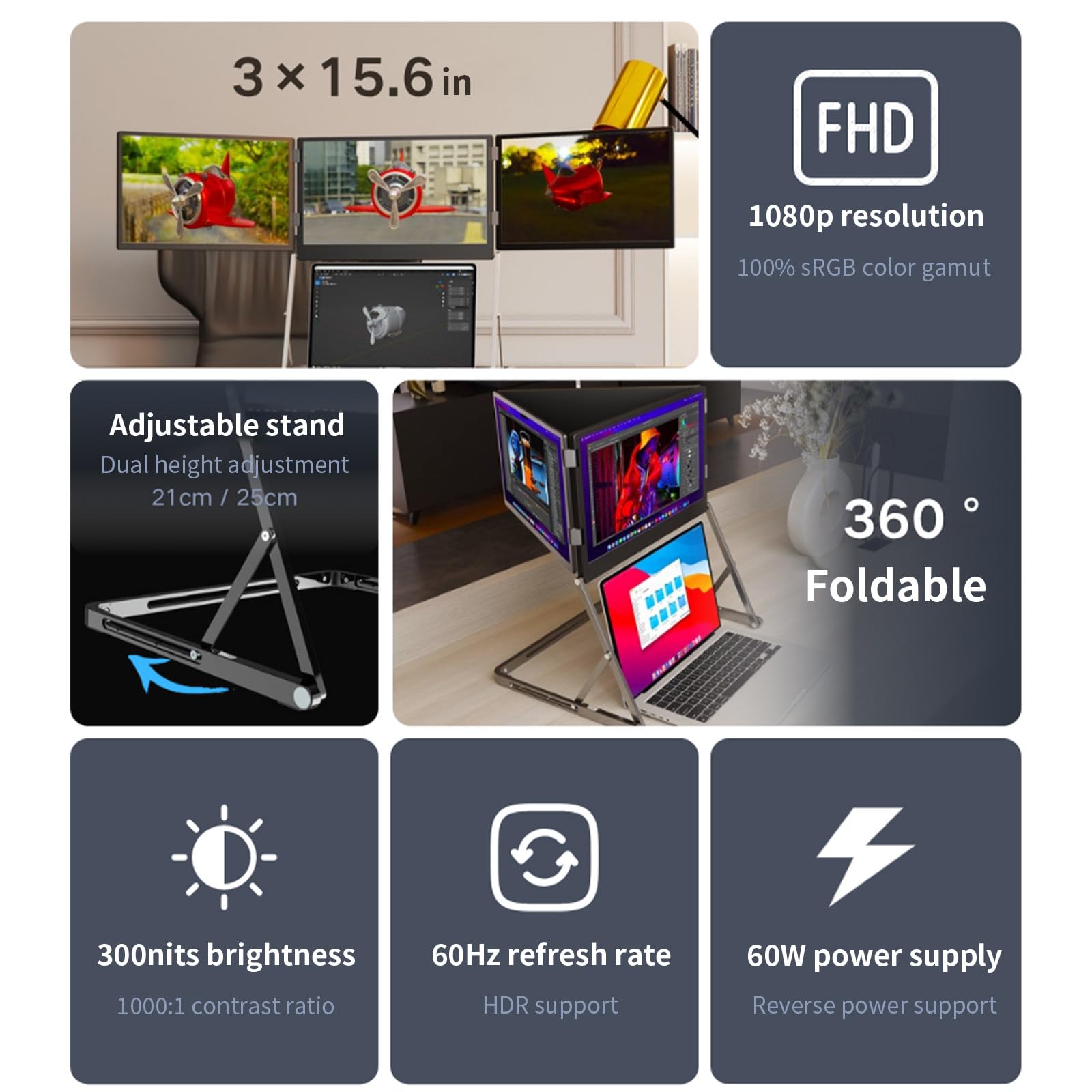 15,6" Extender per Schermo Triplo, Monitor Portatile Fhd 1080p per Laptop, USB-C HDMI, Extender Monitor Plug-Play per Triplo Schermo, per Mac/Windows, per Laptop da 13"-17,3"