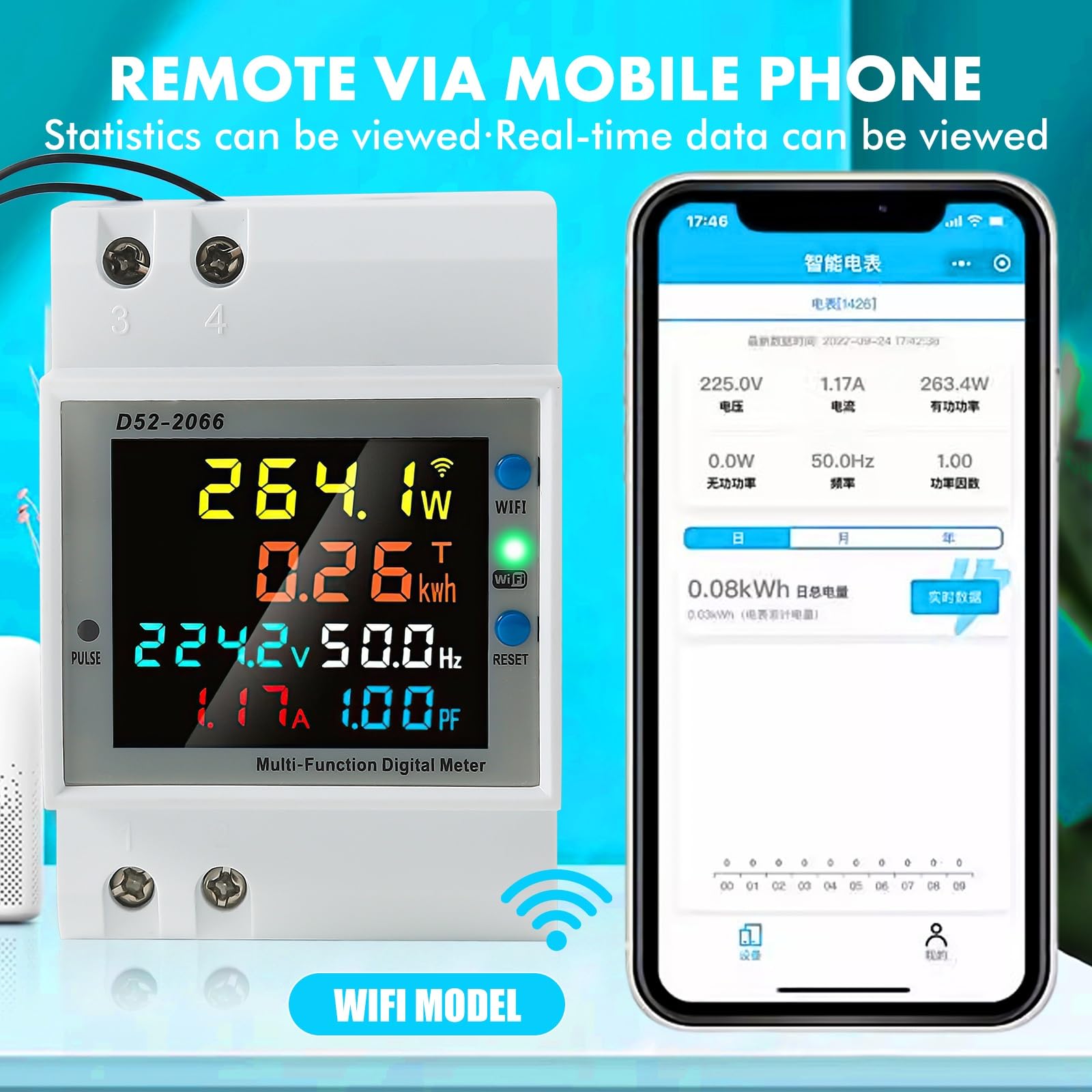 DEWIN Misuratore Consumo Elettrico WiFi 6 in 1 100A Contatore Energia Elettrica WiFi Wattmetro Misuratore di Consumo Elettrica con CT Esterno AC 40-300V