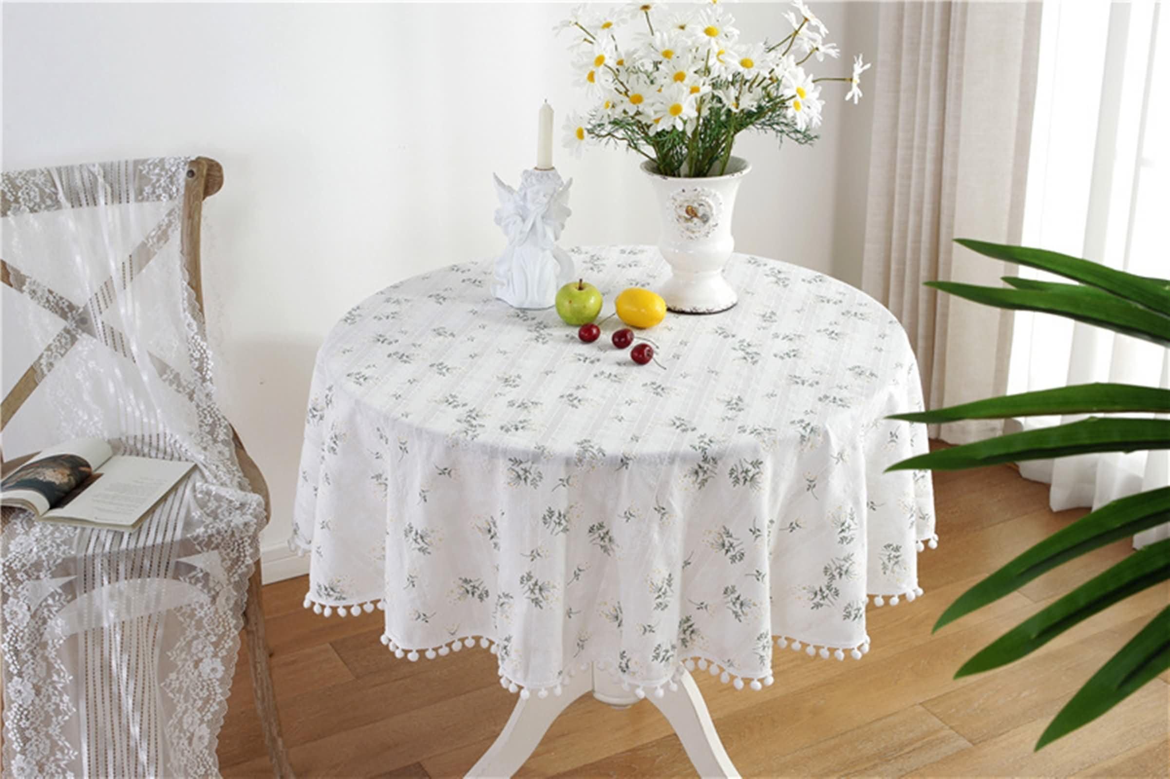 Weiß Grün Tischdecke Rund 140 cm, Baumwolle Blattmuster mit Pompons, Garten Tischdecken für Draußen