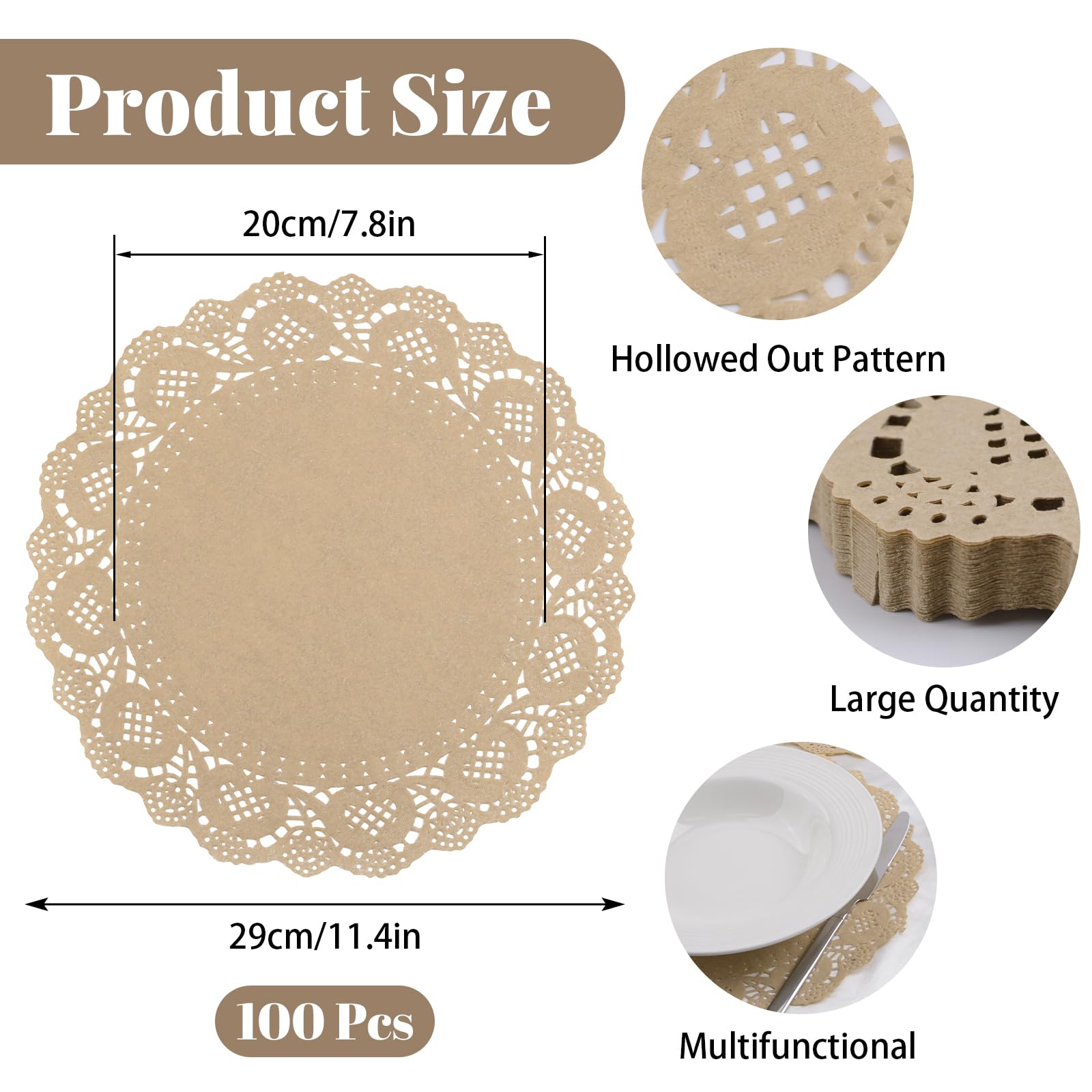 Lot de 100 napperons Ronds en Papier Kraft Marron jetables pour décoration de Table, fête, Mariage, 29 cm
