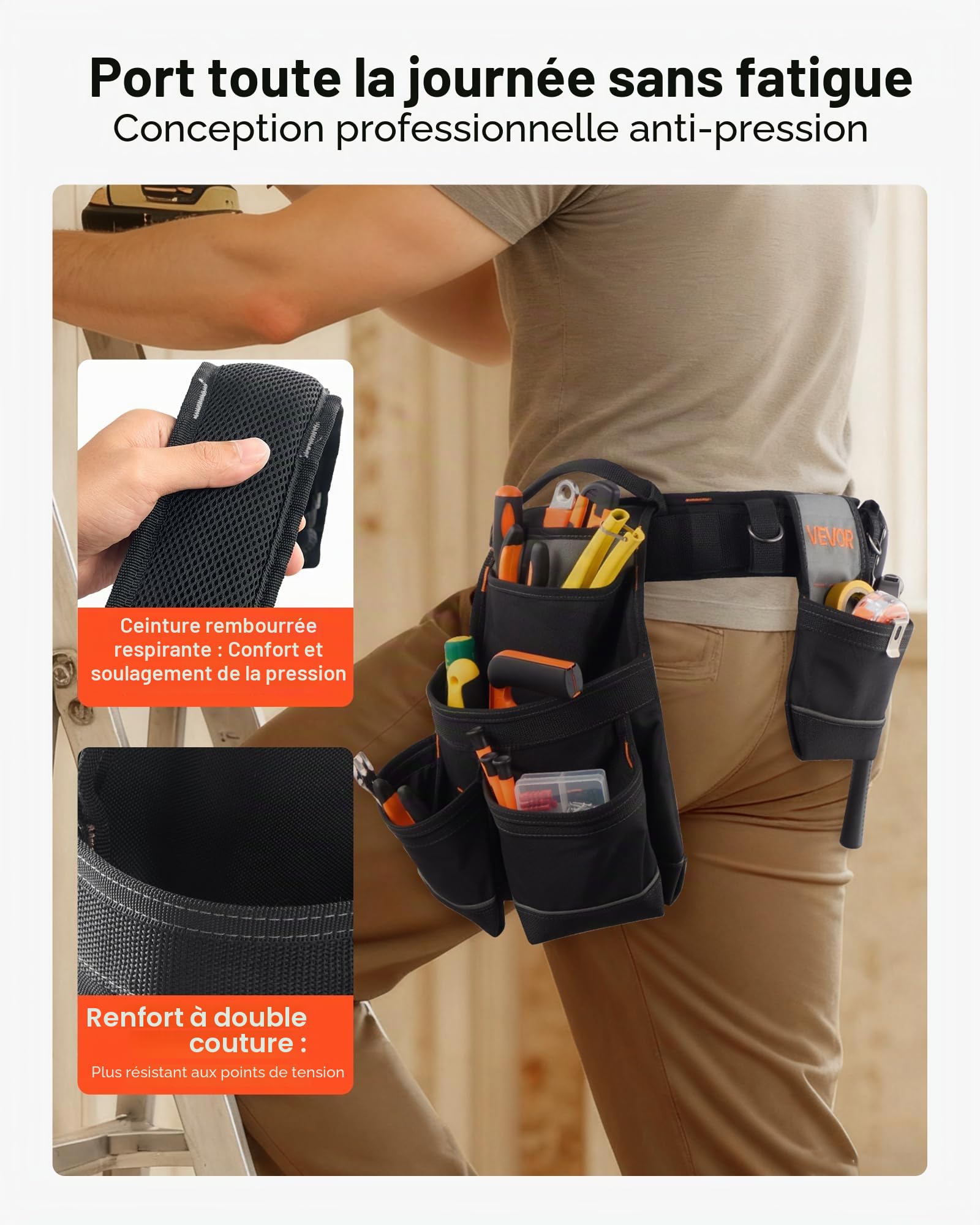 VEVOR Ceinture Porte Outil 18 Poches Ceinture à Outils Tour de Taille Ajustable 80-131 cm Sacoche Charpentier Amovible et Réglable Sac à Outils pour Électricien Construction Homme Chantier Bricolage