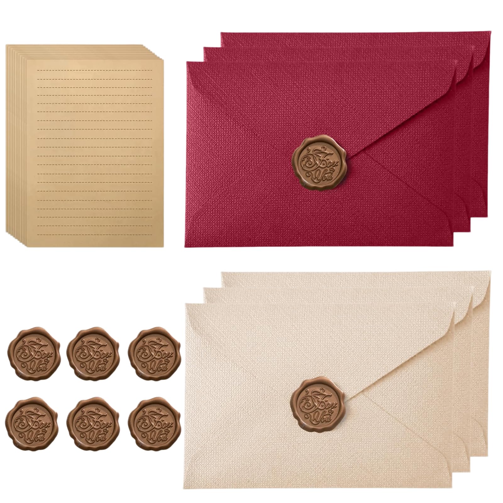 Vintage Writing Paper and Envelopes Set, Letter Writing Set with Dark Red & Off-White Vintage Envelopes, Letter Paper with Wax Seal Stickers for Invitations, Love Letter Paper, Wedding Envelopes