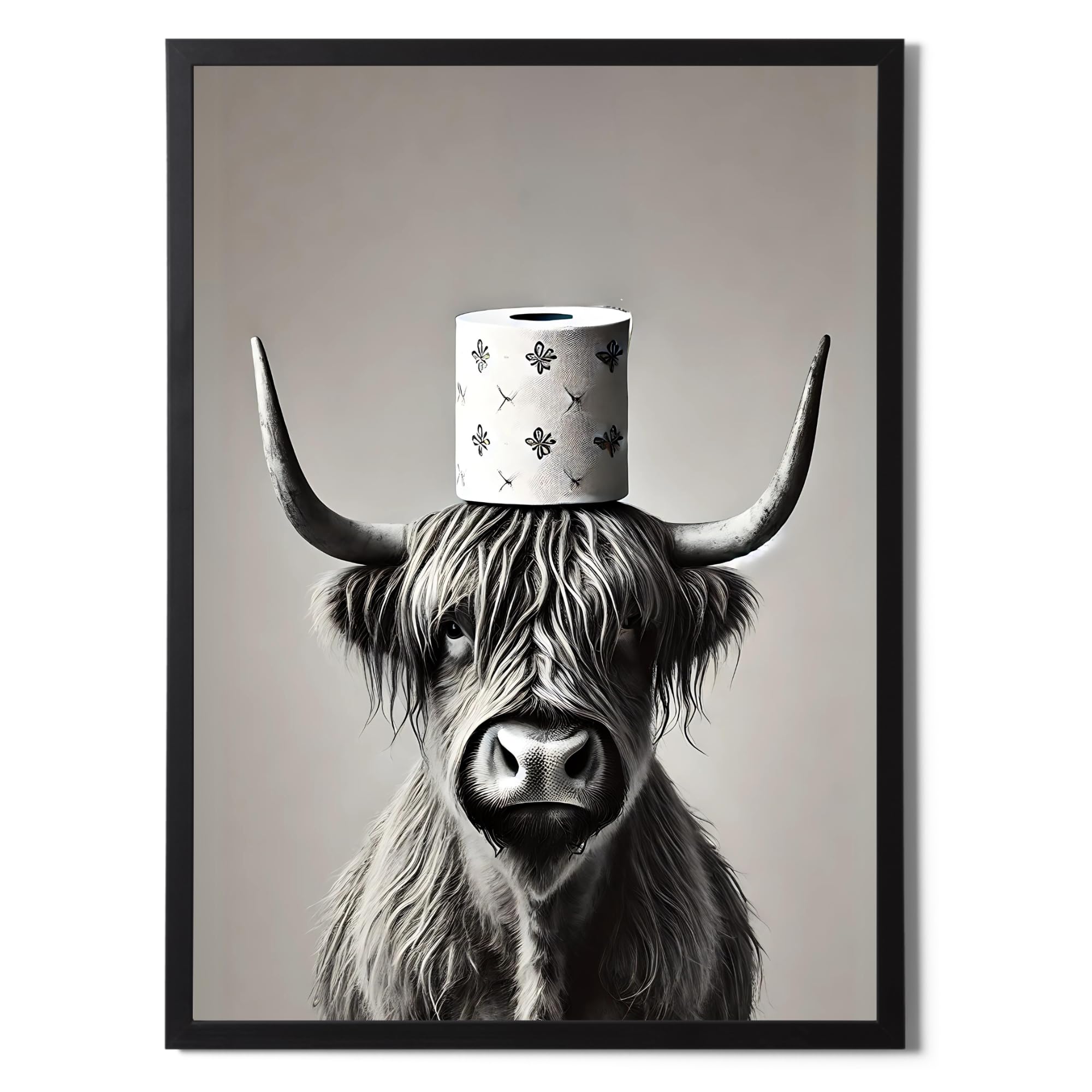 State Media Vision Highland Cow Toilet Roll on Head A3 Framed Poster - 34x46cm Size Frame - Bathroom Wall Art
