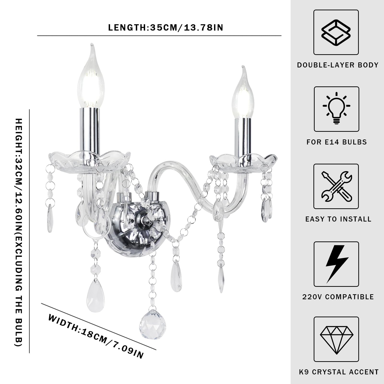 zhxinashu Applique da Parete in Cristallo con Gocce per Camera da Letto | Applique da Parete Nordica a 2 Luci, Lampadina E14 Non Inclusa, Lampada da Parete Trasparente per Soggiorno e Corridoio