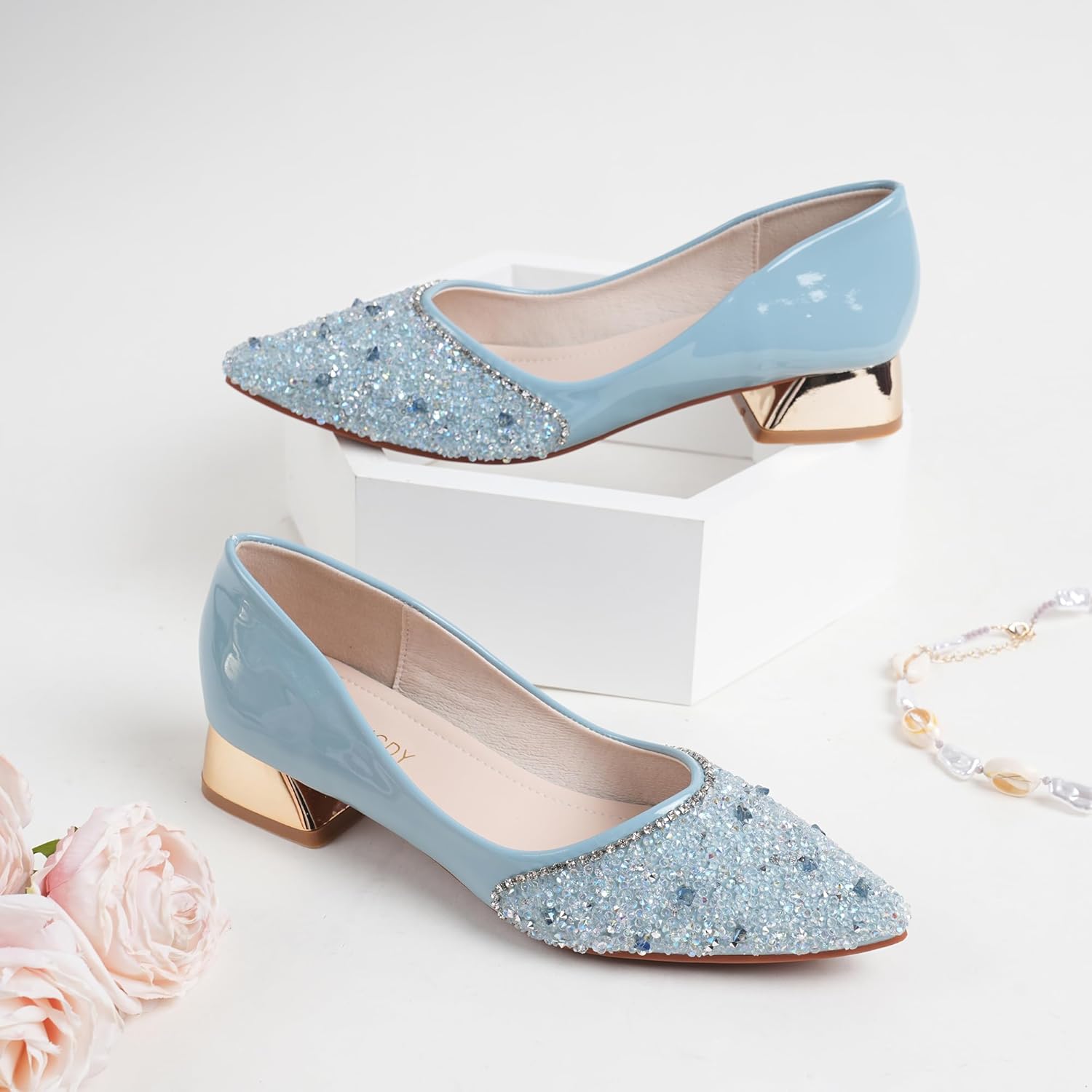 Women's Wedding Pumps Rhinestones Sequins Chunky Low Block Heels Pumps Dress Evening Shoes for Women Bridal