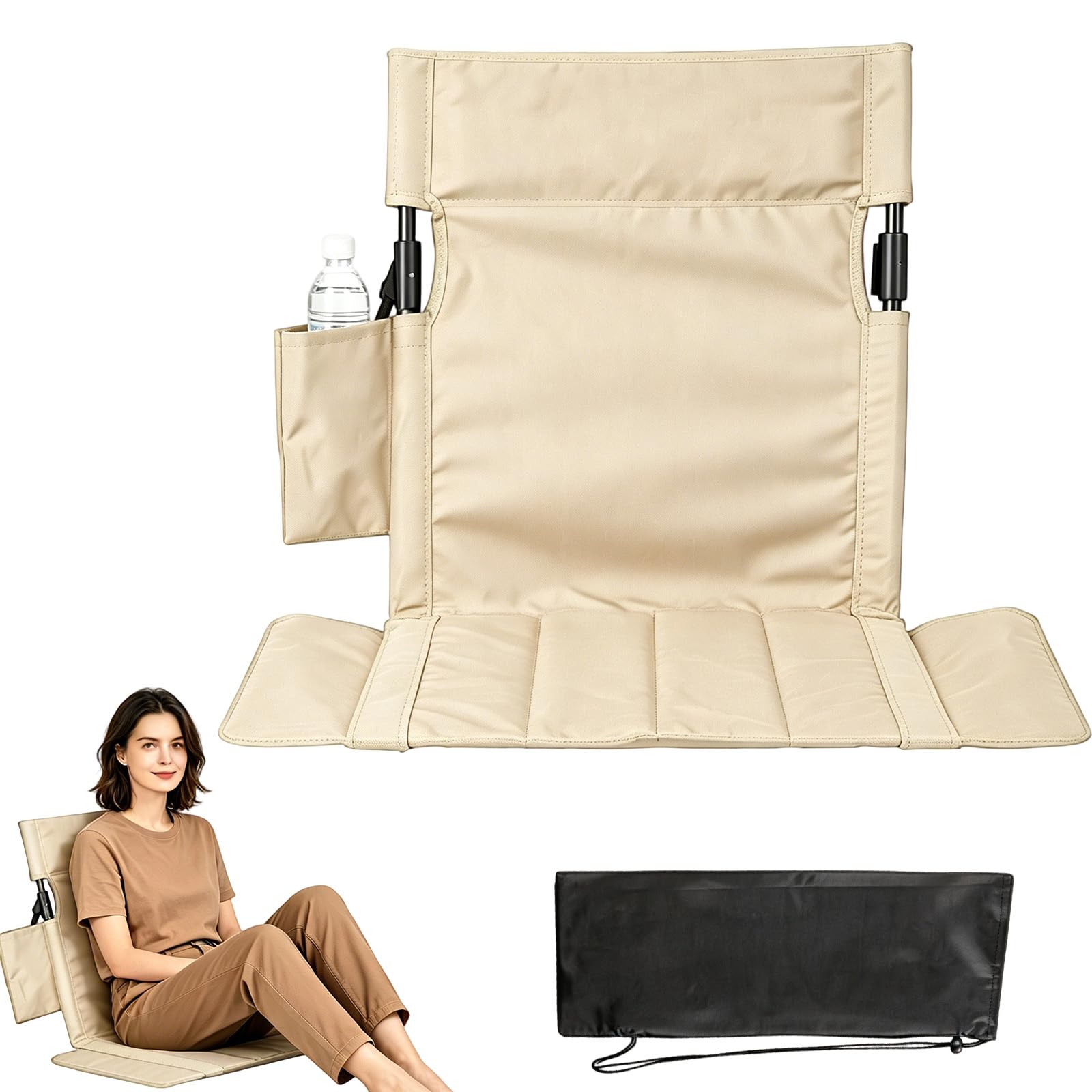 FARYODI Silla plegable de playa con cojín y respaldo, 40 x 39 cm, silla de camping portátil, silla de playa, silla de suelo, cojín tribünenkissen, para picnic, jardín, senderismo (caqui)