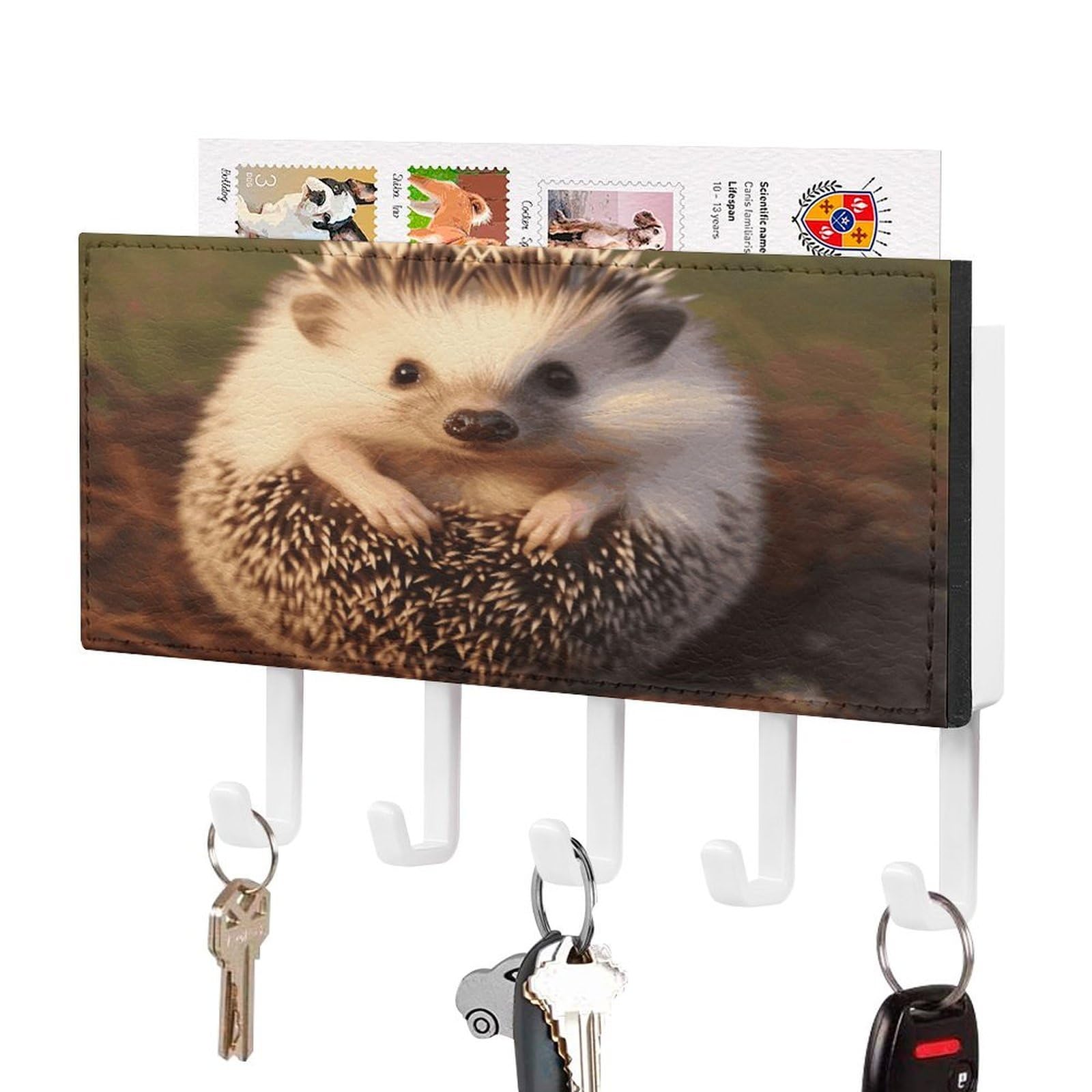 Vstadank White-Style Hedgehog Key Holder For Wall Decorative Mail Organizer Exquisite Coat Rack Pu Wall Mount Adhesive Keys Rack With Tray&5 Key Hook For Door Hallway Entryway Decor