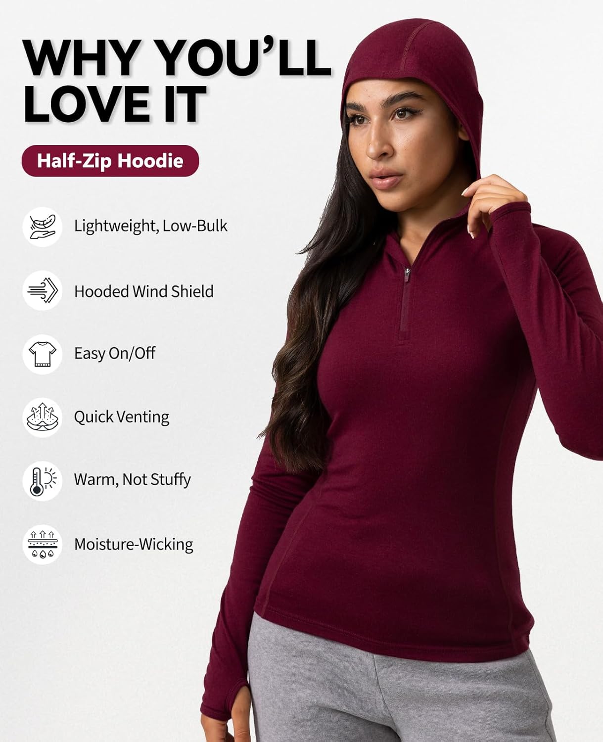 Merino Protect 100% Merino Wool Hoodie Women Quarter Zip Base Layer Midweight Thermal Long Sleeve for Running Walking - Image 3