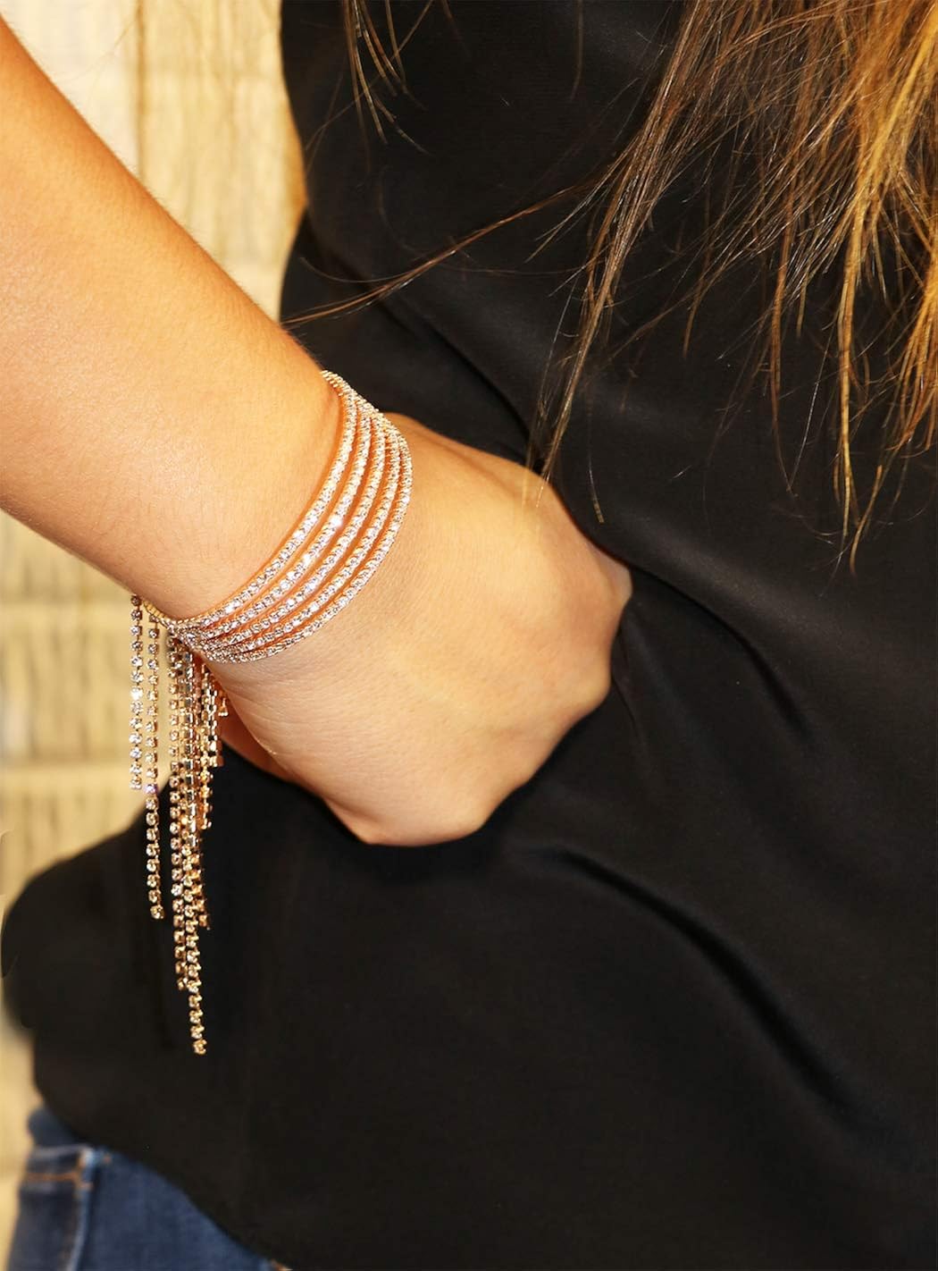 Rosemarie Collections Women's 5 Strand Flexible Wire Crystal Rhinestone Fringe Statement Bracelet (Silver Tone): Clothing, Shoes & Jewelry