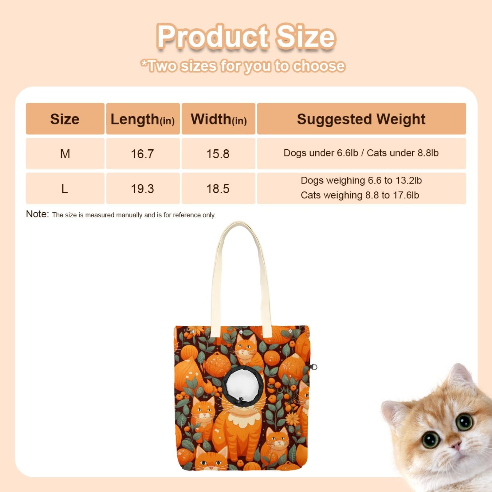 Pet Canvas Shoulder Bag Soft-Sided,Dog Purse Carrier for Small Dogs and Cats, Portable Pet Handbag with Adjustable Hole, Pet Washable Travel Tote Bag,Orange Cats 19.3''x16.5''