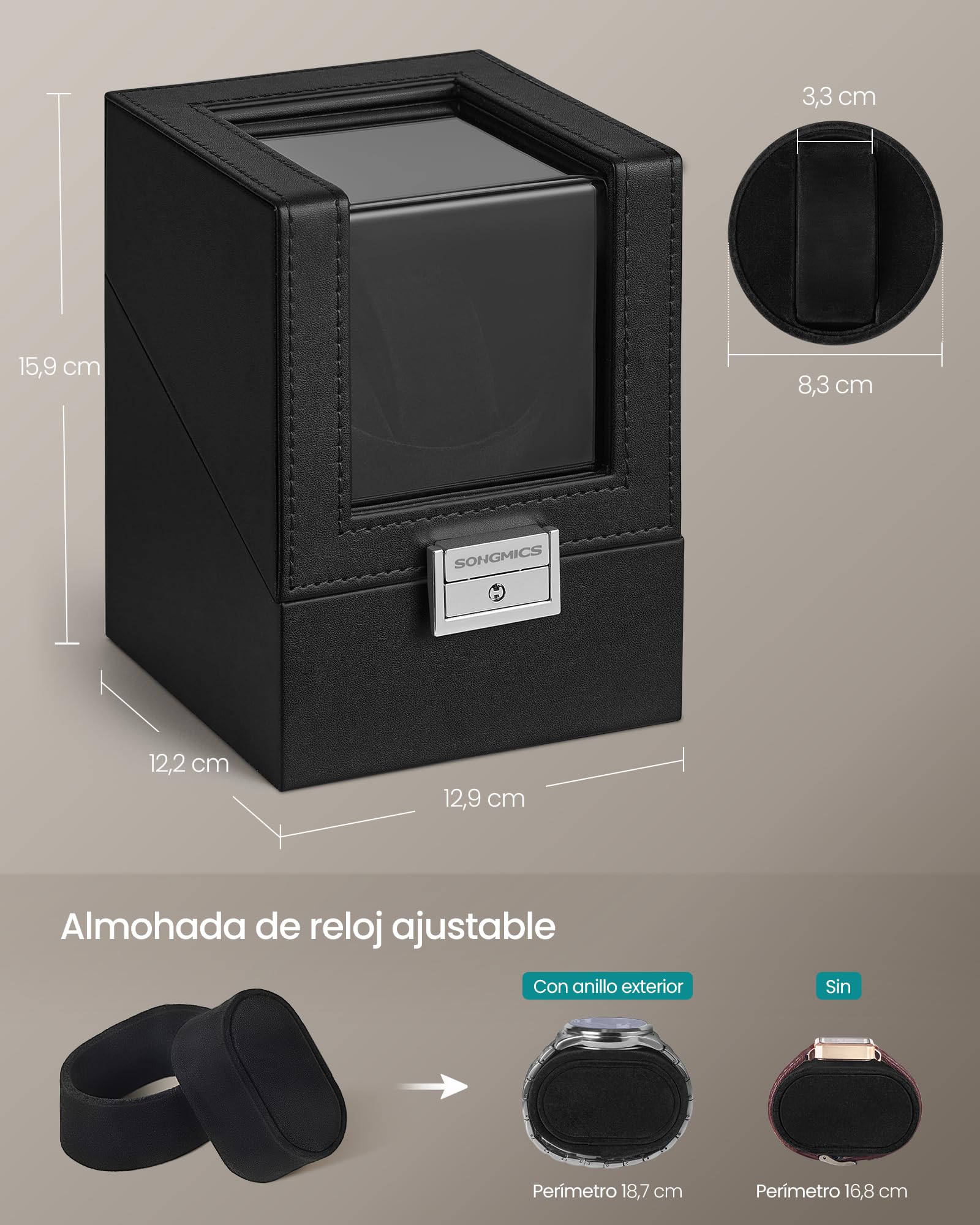 SONGMICS Caja Automática Enrollador de un Reloj con Motor Silencioso, para Relojes Automáticos, con Luz LED, Almohada Ajustable, Bloqueo, 4 Ajustes de Cuerda, Cable de Carga USB-C, Negro JWB030B01