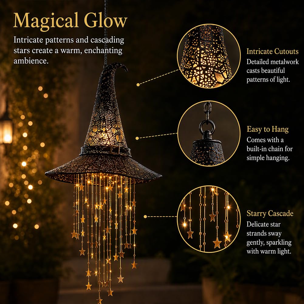 Beleuchteter Hexenhut Deko mit Leuchtende Sterne für Halloween，3Pcs