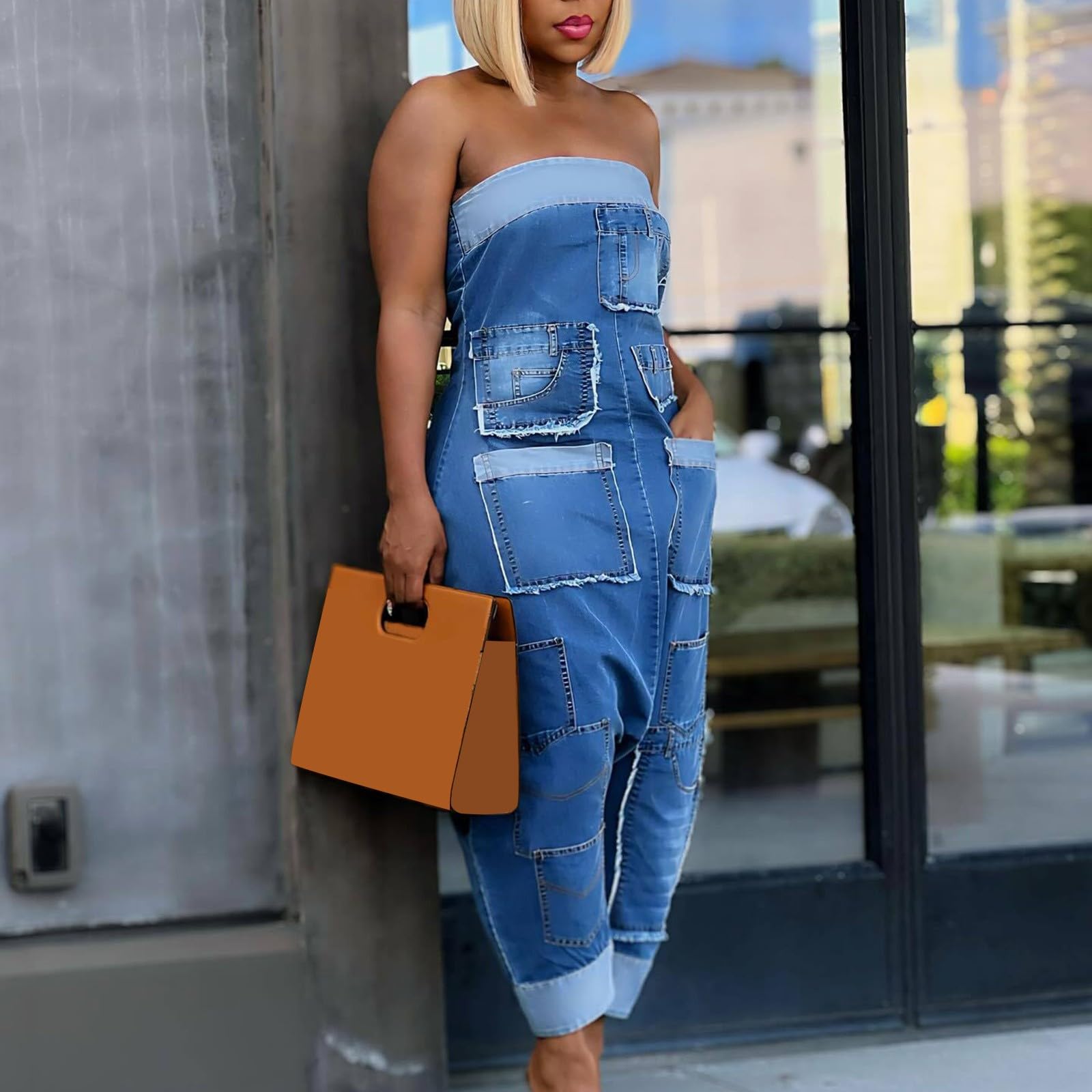 Combinaison en jean pour femme - Sans bretelles - En denim - Avec plusieurs poches - Patchwork stretch - Bandeau - Baggy - Clubwear - Une pièce - Pantalon décontracté