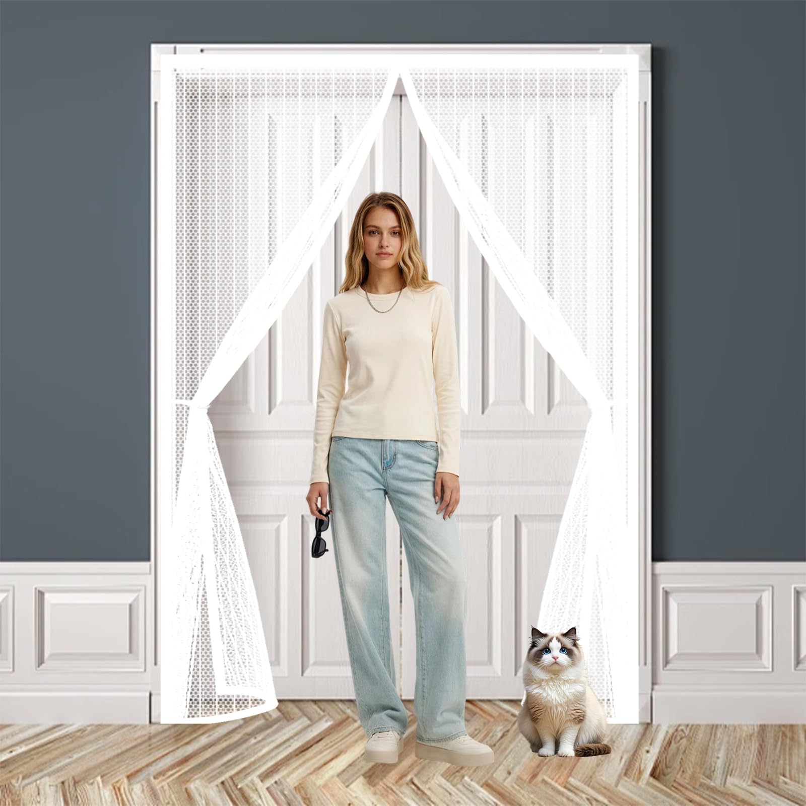Door Fly Screen 290 x 205 cm Keep Bugs Out, Full Frame Magic Tape, Powerful Magnets, Self Sealing, No Drill Installation, Fly Screen Balcony Door for Balcony Bedroom Doors, White