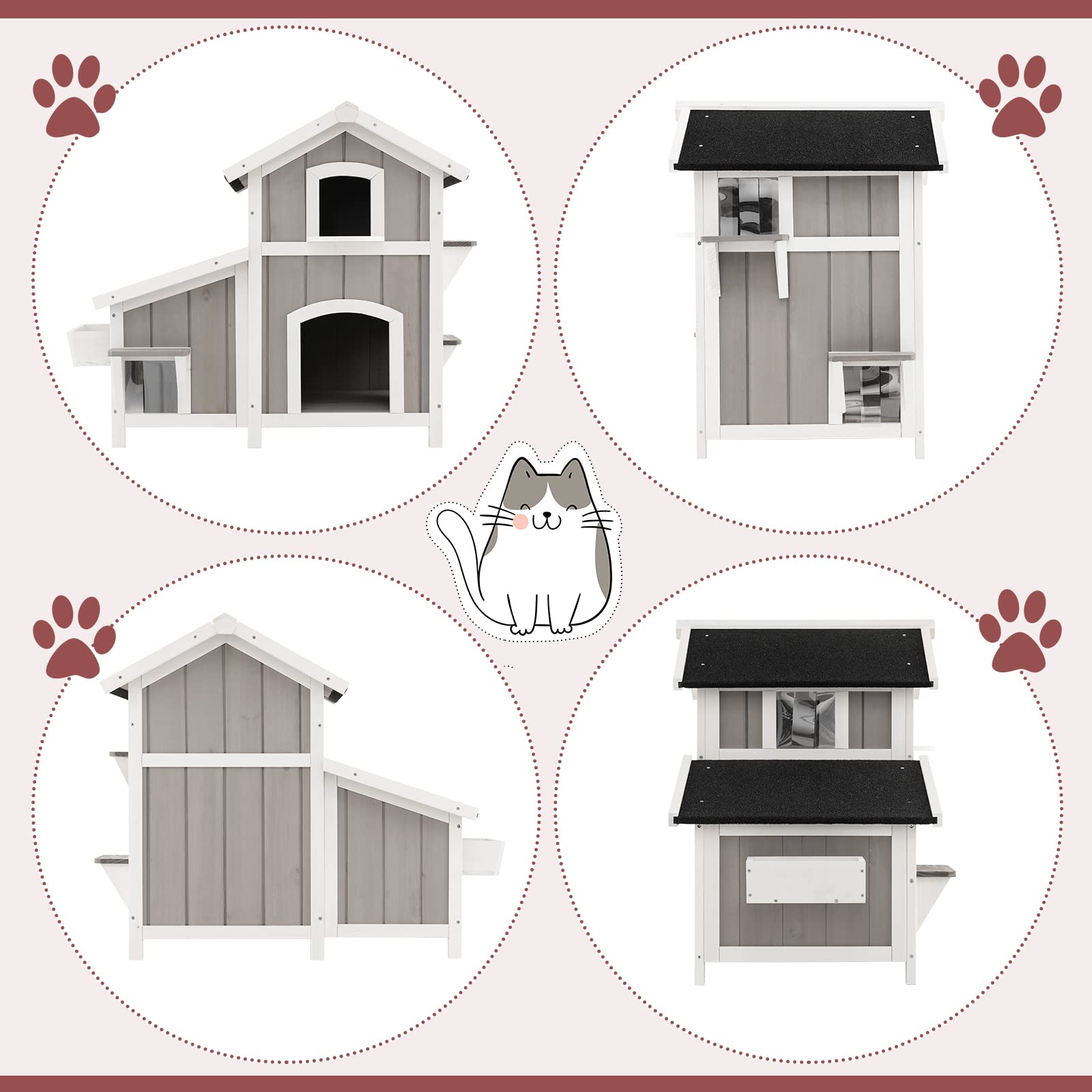 GYMAX Maison pour Chats à 2 Étages, Structure Robuste en Bois Sapin, Toit en Bitumé Imperméable, Fenêtre, Balcon, 2 Plates-Formes de Saut, Niche pour Animaux, pour Intérieur et Extérieur