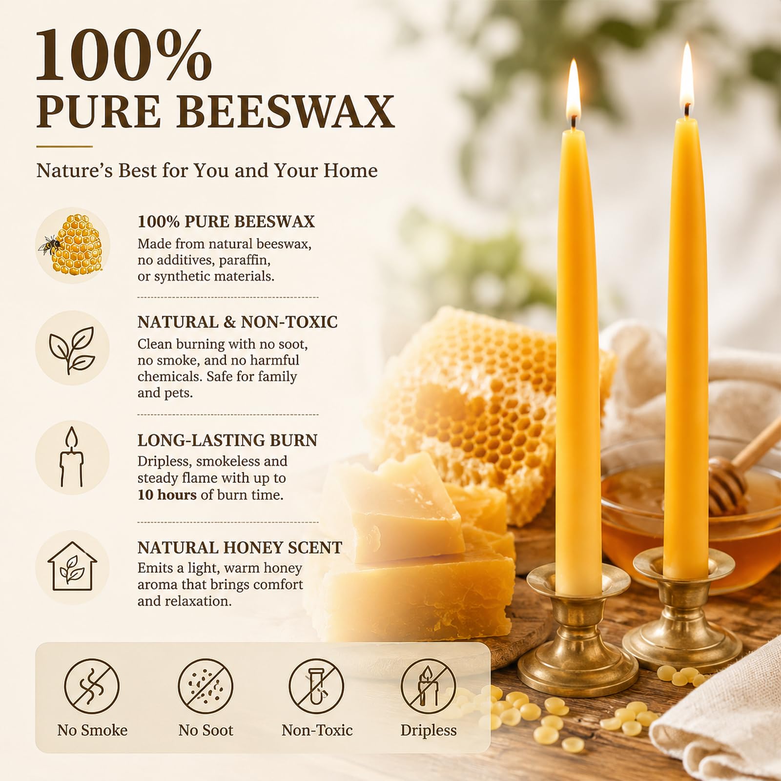 16 paquetes de velas cónicas de cera de abeja de 9 pulgadas, velas de cera de abeja totalmente natural, 10 horas de tiempo de combustión, velas cónicas sin humo y sin goteo para decoración de mesa
