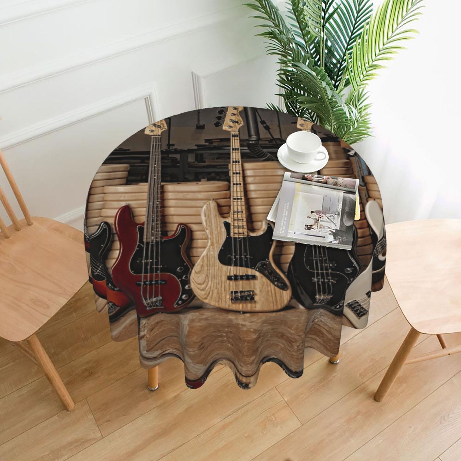 Zcmkjlg Guitar Bass Music Musical Instruments Print Quick Ship Round Tablecloth 60in Polyester Washable Cover for Dining Room
