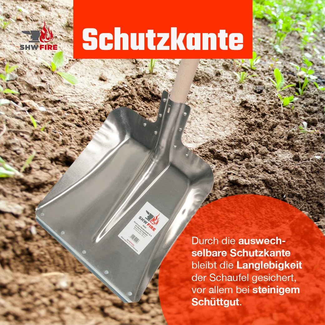 SHW-FIRE | Hallenser Alu Flachrandschaufel 130 cm Buchenholzstiel, 1,8 mm Aluminium, Stahlschutzkante, vielseitig für Garten, Hof, Futter & Schnee - Aluschaufel & Schippe | Made in Germany