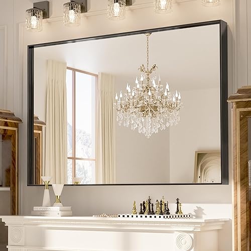 Bathroom Mirror, 30" x 48" Wall Mirror, Brushed Metal Frame Wall Mounted Rectangle Mirror for Living Room Bedroom Bathroom Entryway, Black