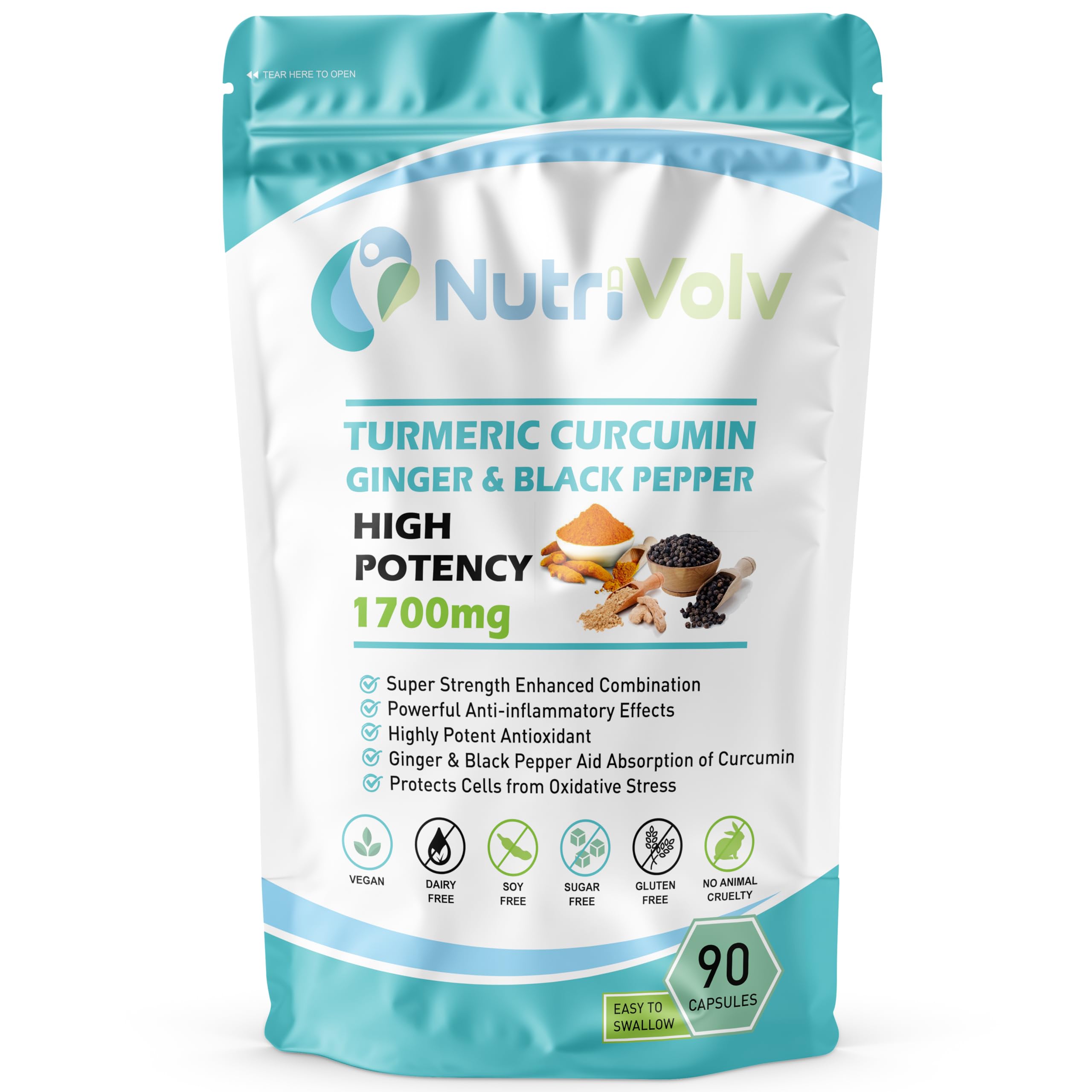 Turmeric Curcumin 1700mg with Ginger & Black Pepper – 90 Vegan Capsules | High Strength Joint Care Supplement | Natural Anti-Inflammatory & Antioxidant for Mobility, Digestion & Immune Health