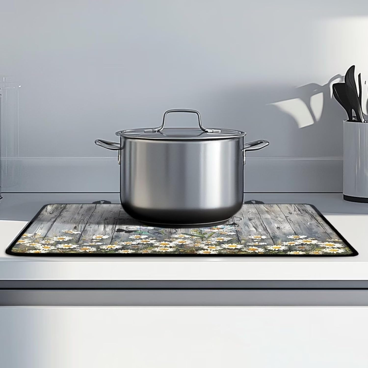 Poceacles Stove Top Cover for Electric Stove, Stove Mat for Glass Stove Top, Heat Resistant Oil Resistant Cooktop Protector Cover for Kitchen Decor, Daisy Butterfly Wood Grain Grey
