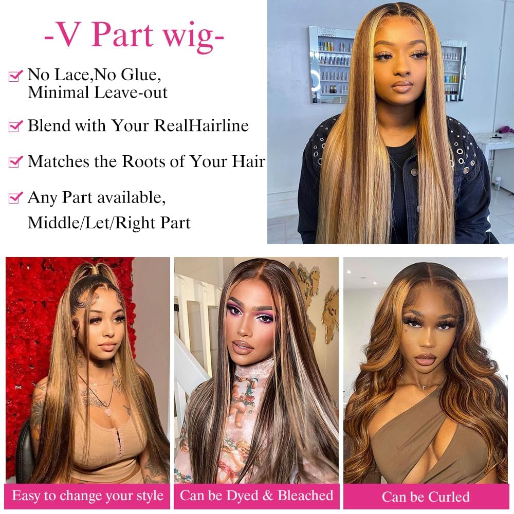 Highlight Ombre V część peruki ludzkie włosy proste balejaż blond U część peruki 180% gęstości bez kleju klips w połowie peruki dla czarnoskórych kobiet 61 cm #T1BP4/27