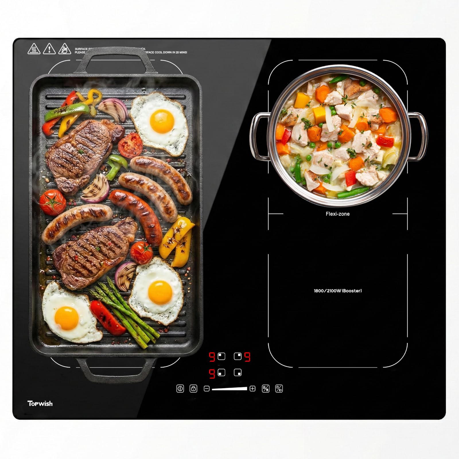 Topwish Płyta kuchenna indukcyjna 4 płyty z strefami Flex, płyta kuchenna do wbudowania 60cm, płyta grzewcza 4 pola z funkcją Boost, zegar, zabezpieczenie przed dziećmi, ochrona przed przegrzaniem i