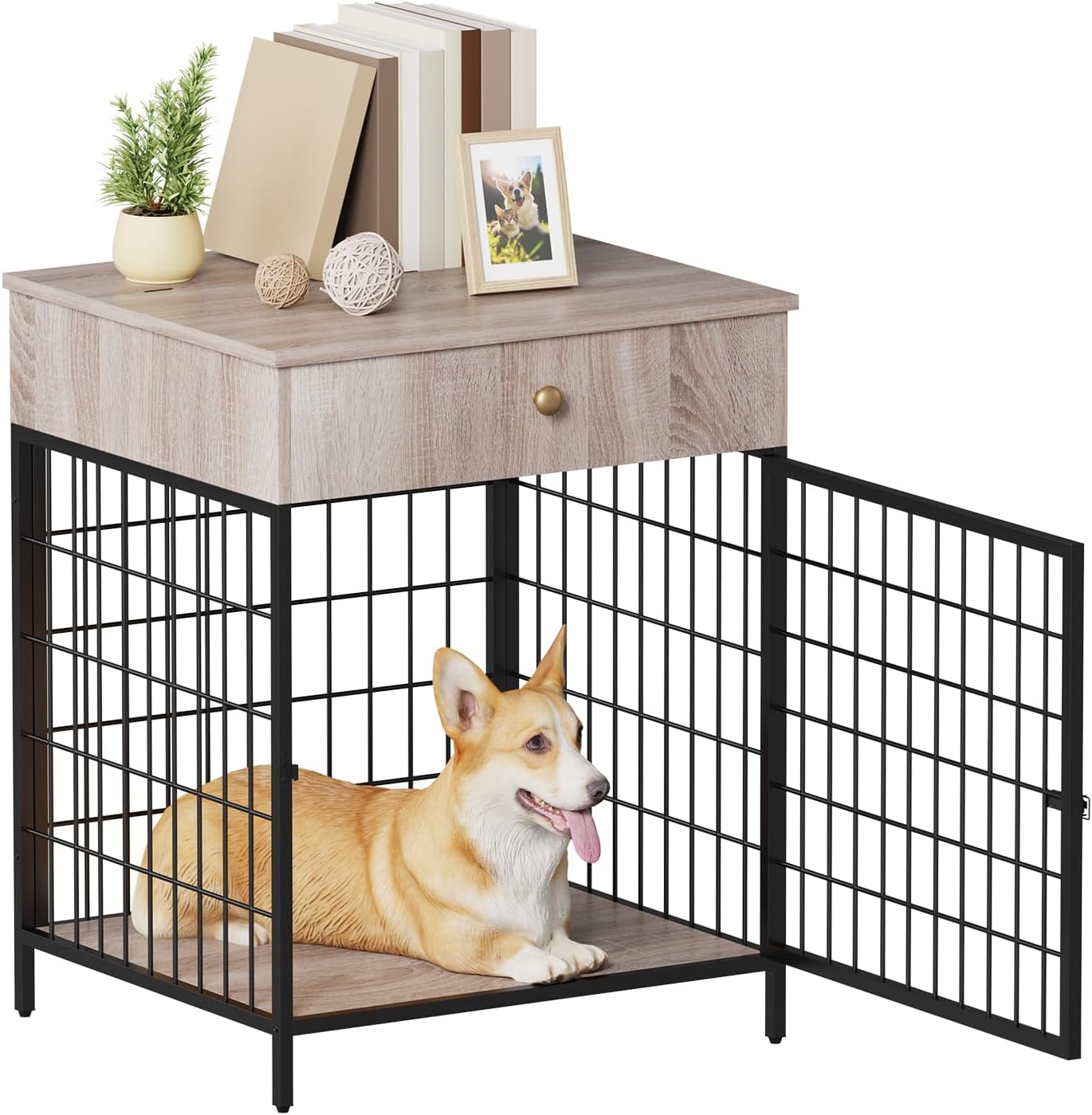 Decorative Grey Steel-Tube Dog Kennel Table with Drawer, Chew-Proof Indoor Pet Crate End Table for Small Dogs