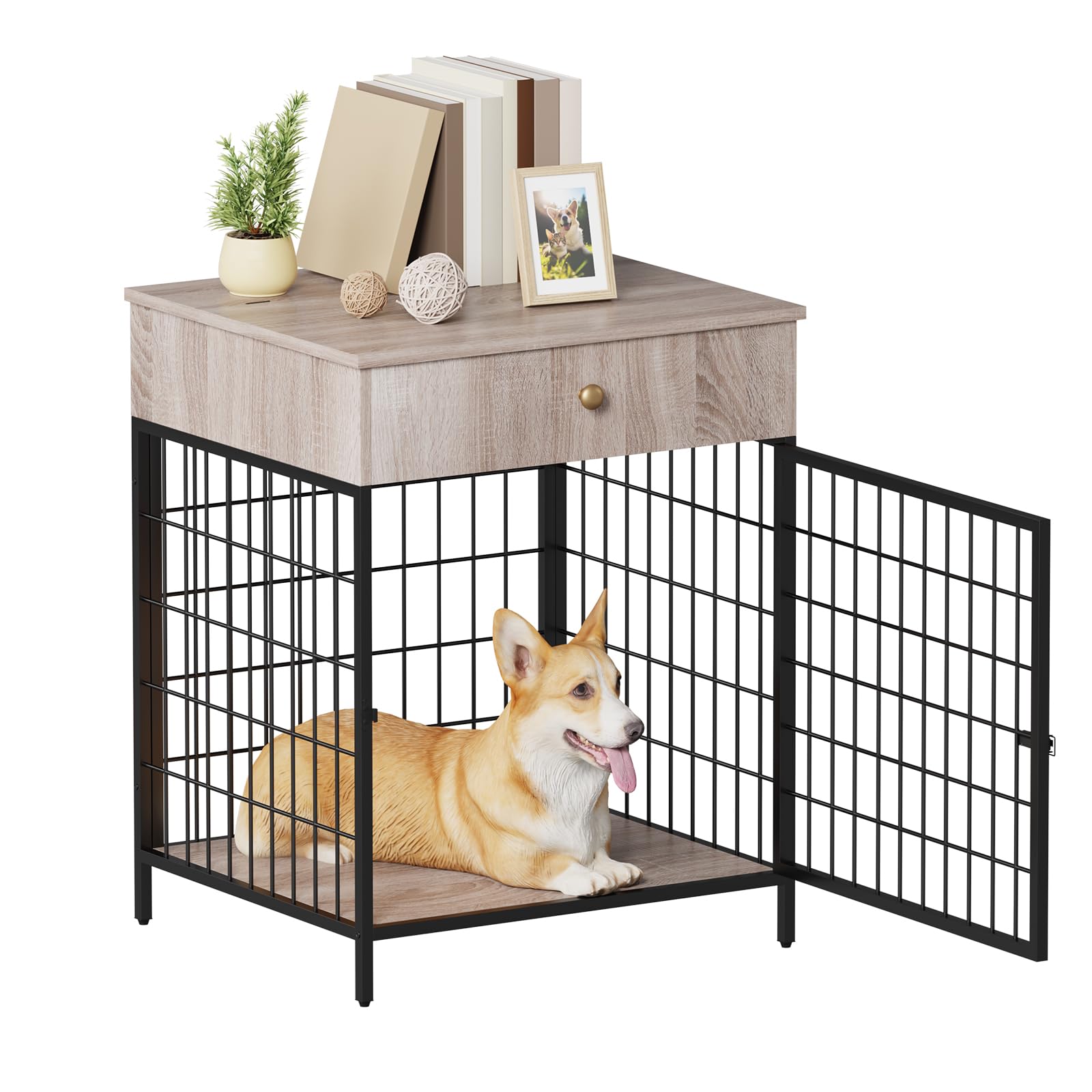 Decorative Grey Steel-Tube Dog Kennel Table with Drawer, Chew-Proof Indoor Pet Crate End Table for Small Dogs, Grey