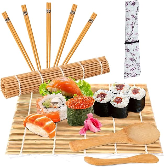 Sushi Making Kit - 10 Pcs Bamboo Sushi Set for Beginners, Sushi Plates Bamboo Sushi Rolling Mat with Sushi Chef Knife, Sushi Making Set for DIY Sushi Set